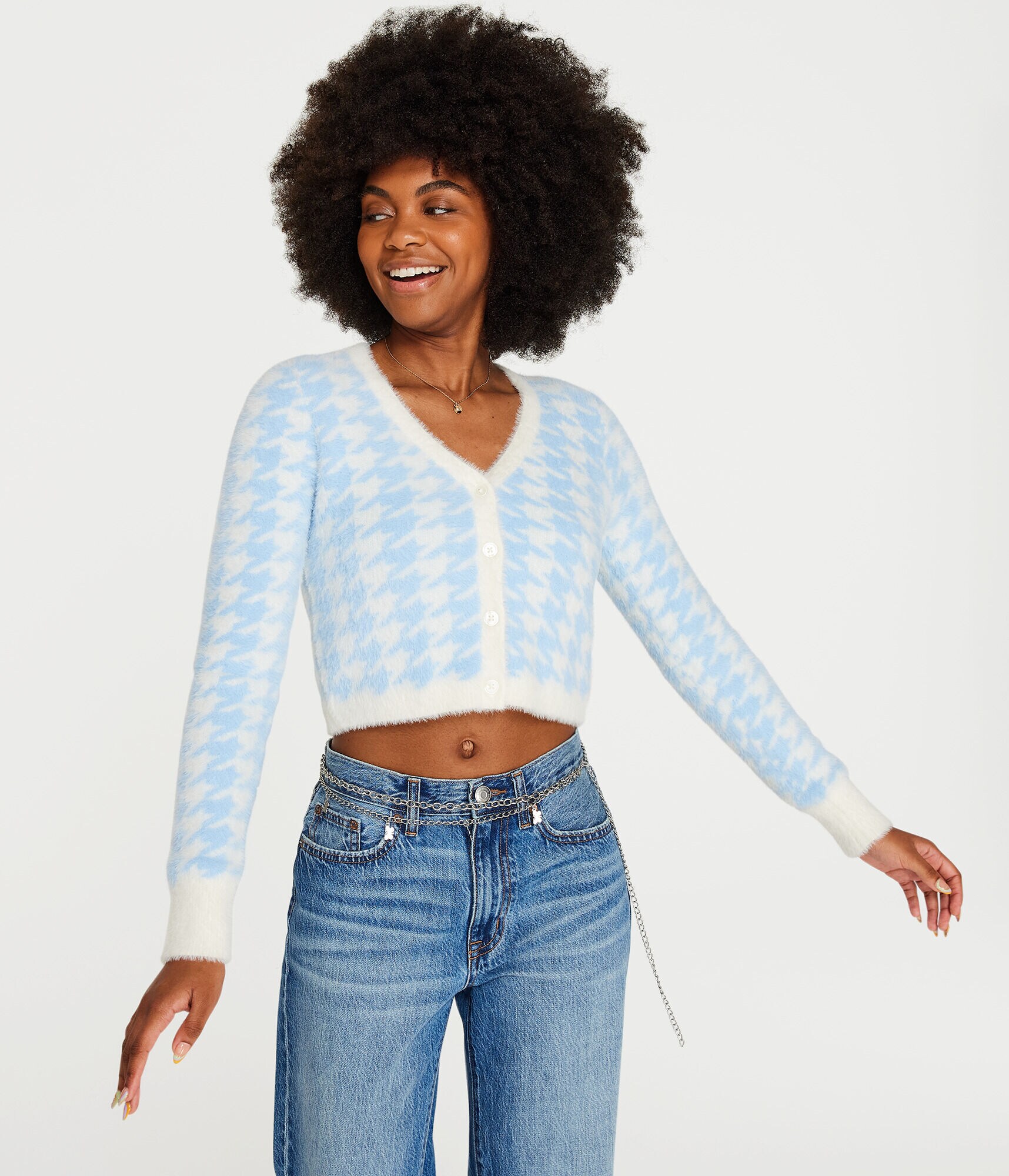 Fuzzy Houndstooth Cropped Cardigan