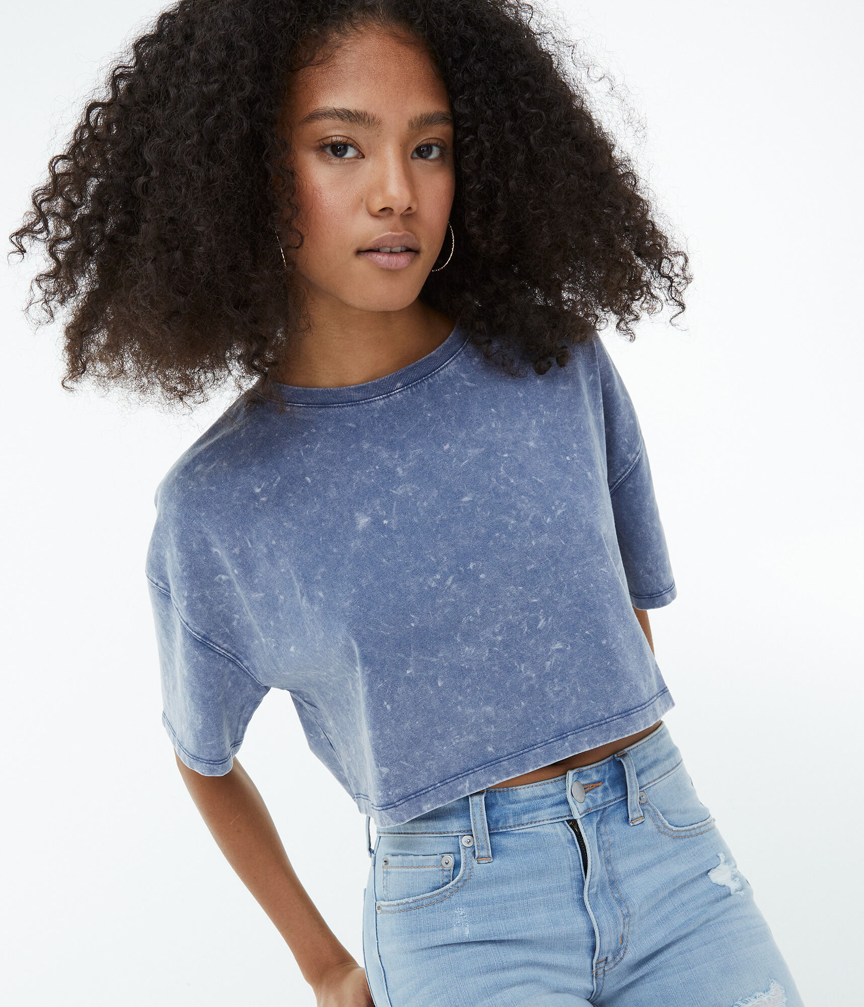 Faux Denim Wash Cropped Boyfriend Crew Tee