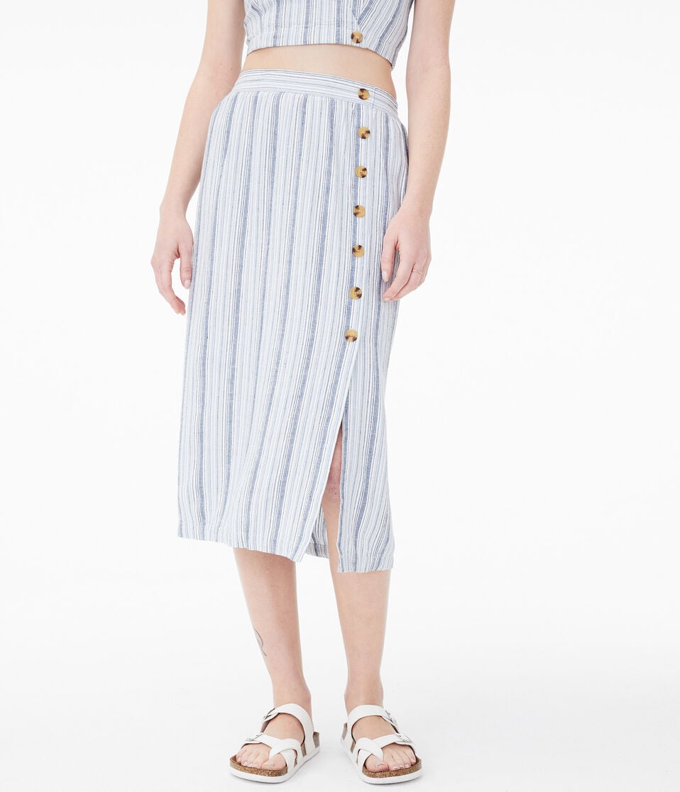 Striped Button-Front Midi Skirt