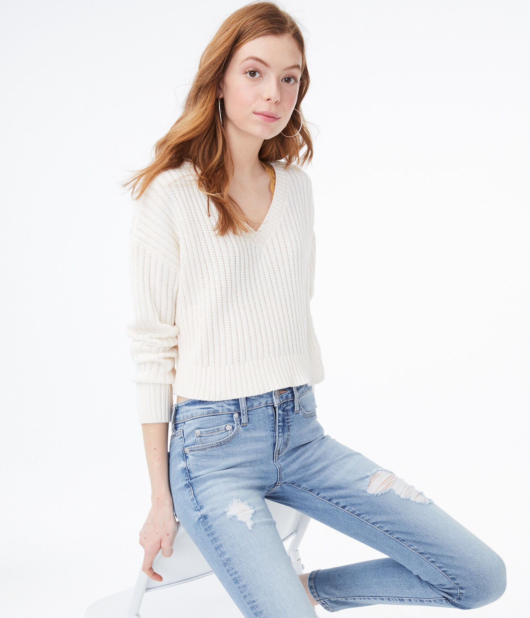 Cropped V-Neck Sweater