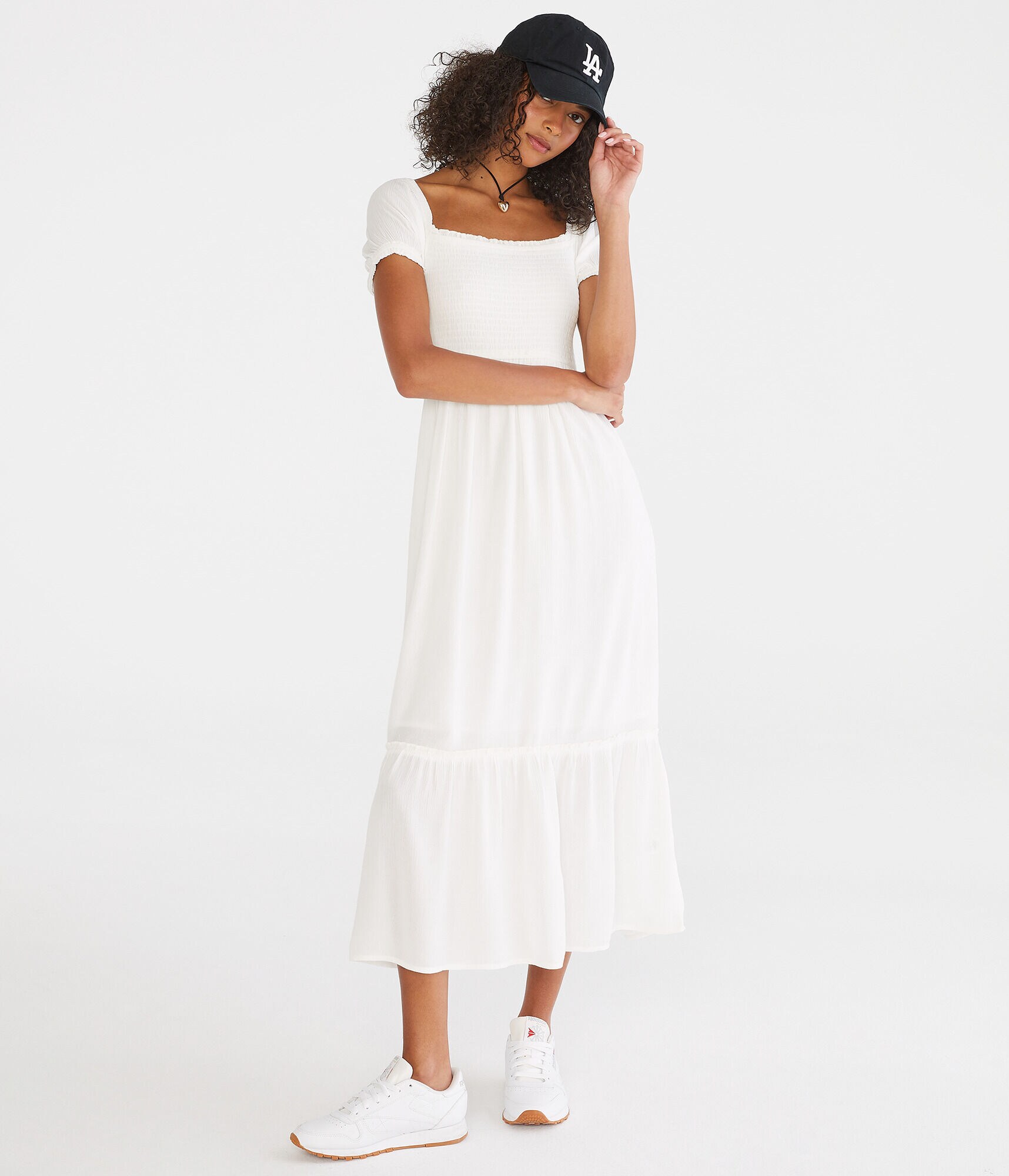 Solid Square-Neck Tiered Midi Dress