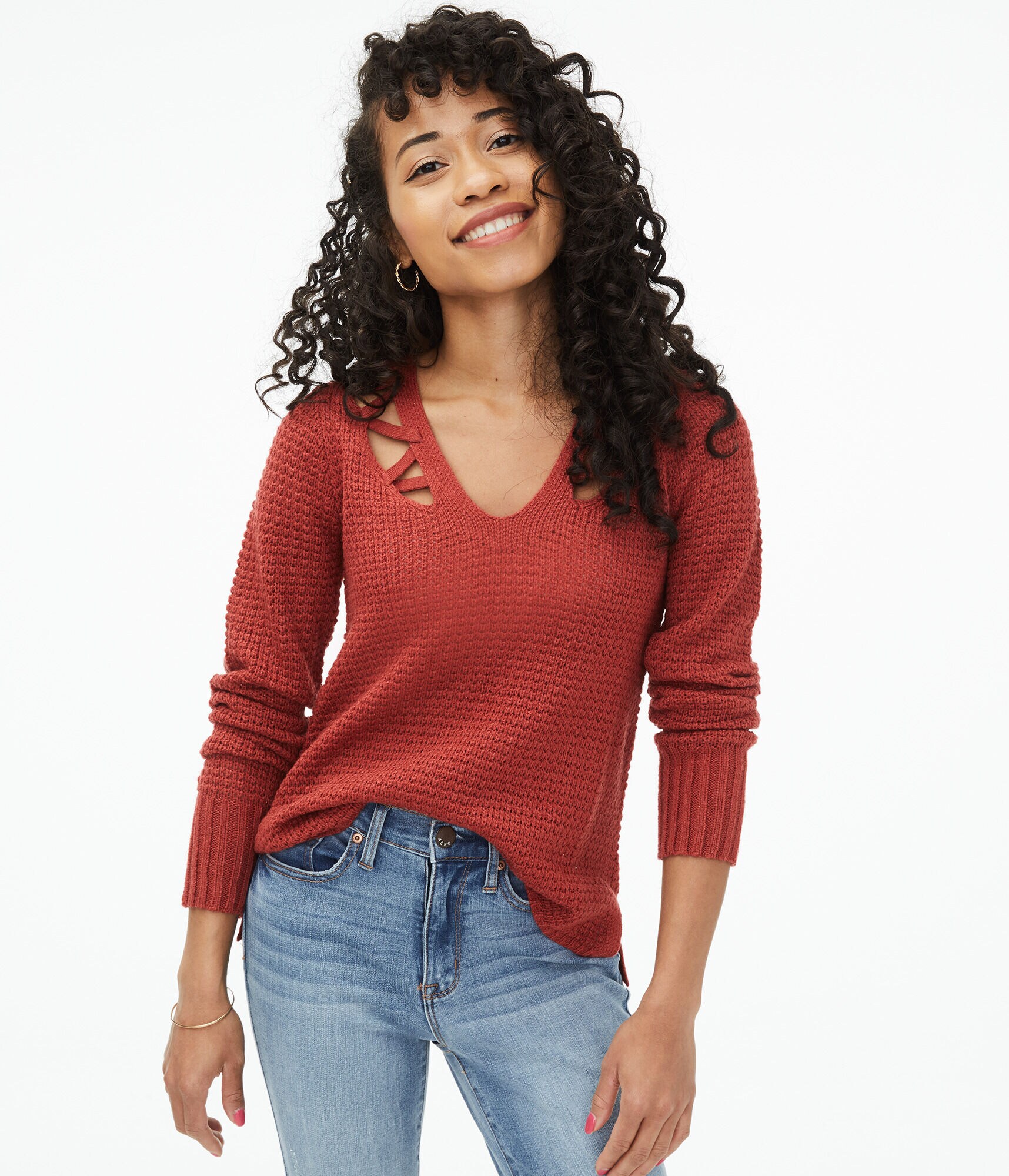 Laced-Up Shoulder V-Neck Sweater