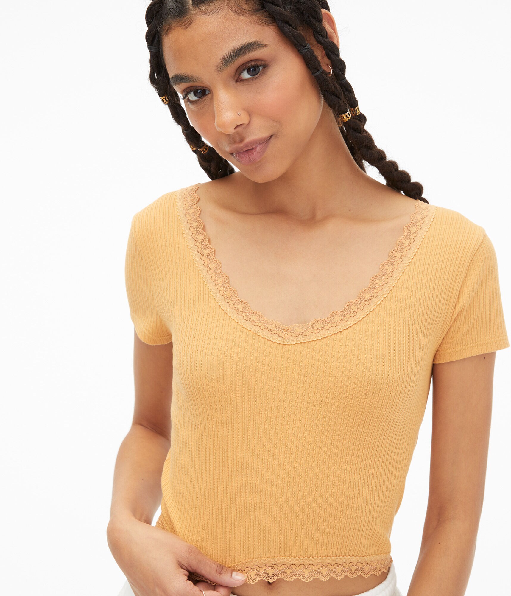 Lace-Trim V-Neck Cropped Shrunken Tee