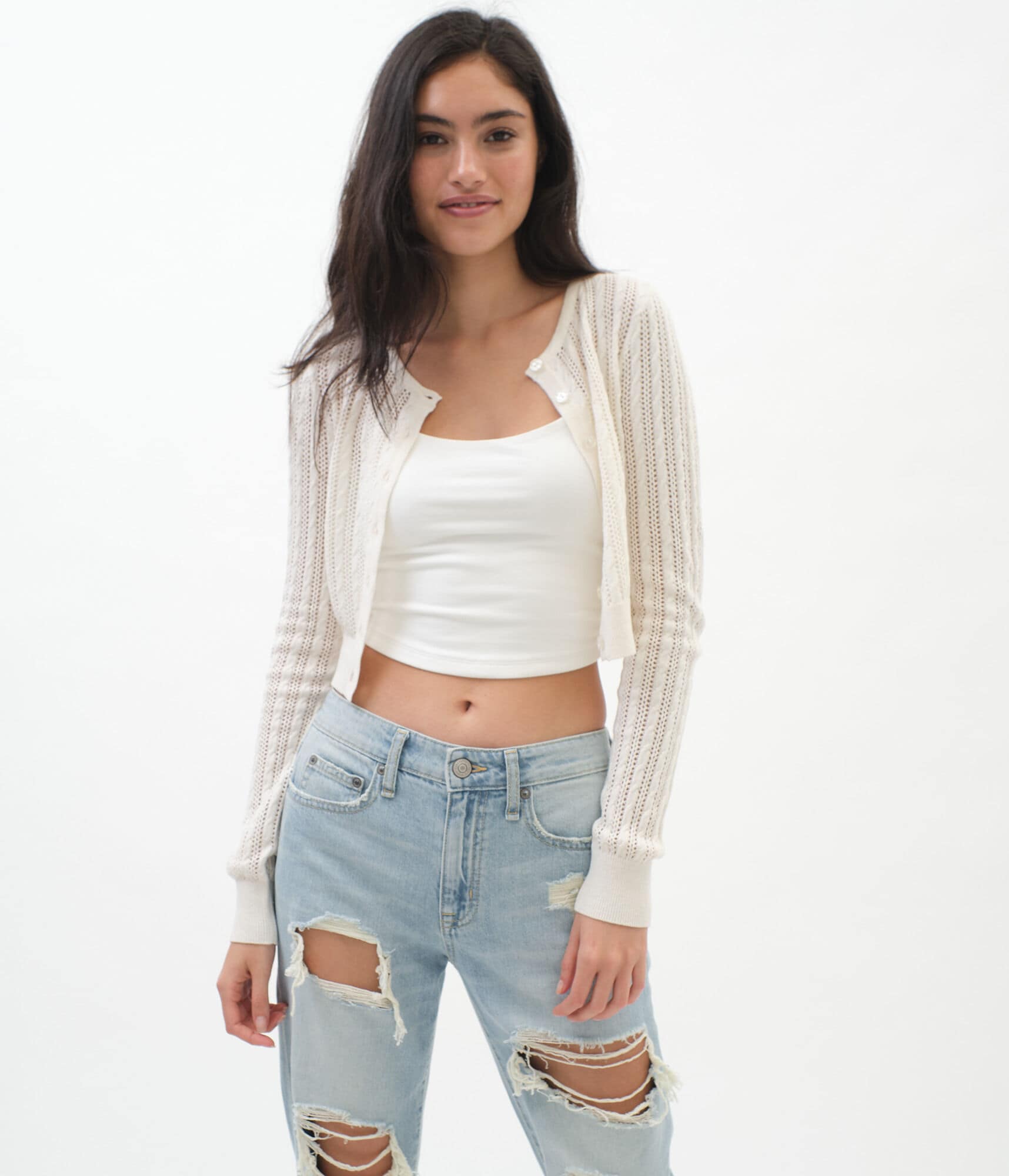 Cable Button-Front Cropped Cardigan