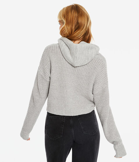 Solid Hooded Cropped V-Neck Sweater Solid Hooded Cropped V-Neck Sweater