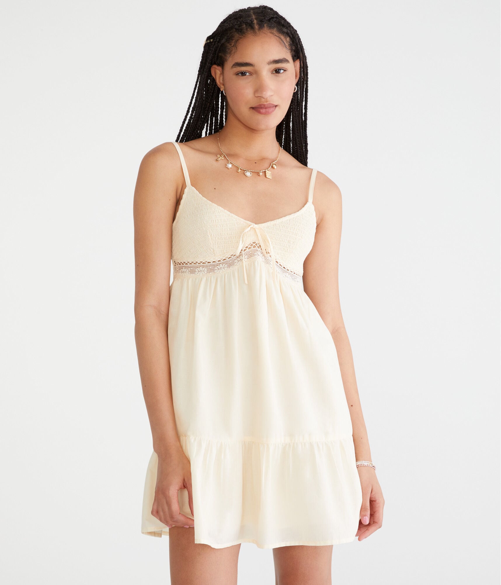 Solid V-Neck Lace-Trim Babydoll Dress