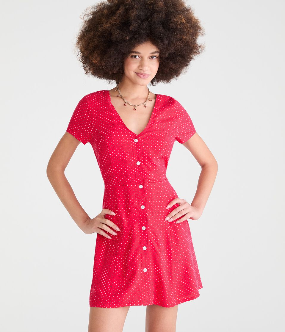 Aeropostale Womens' Printed V-Neck Buttoned A-Line Dress - Red - Size Xs - Rayon - Teen Fashion & Clothing Aeropostale Womens' Printed V-Neck Buttoned A-Line Dress - Red - Size Xs - Rayon - Teen Fashion & Clothing