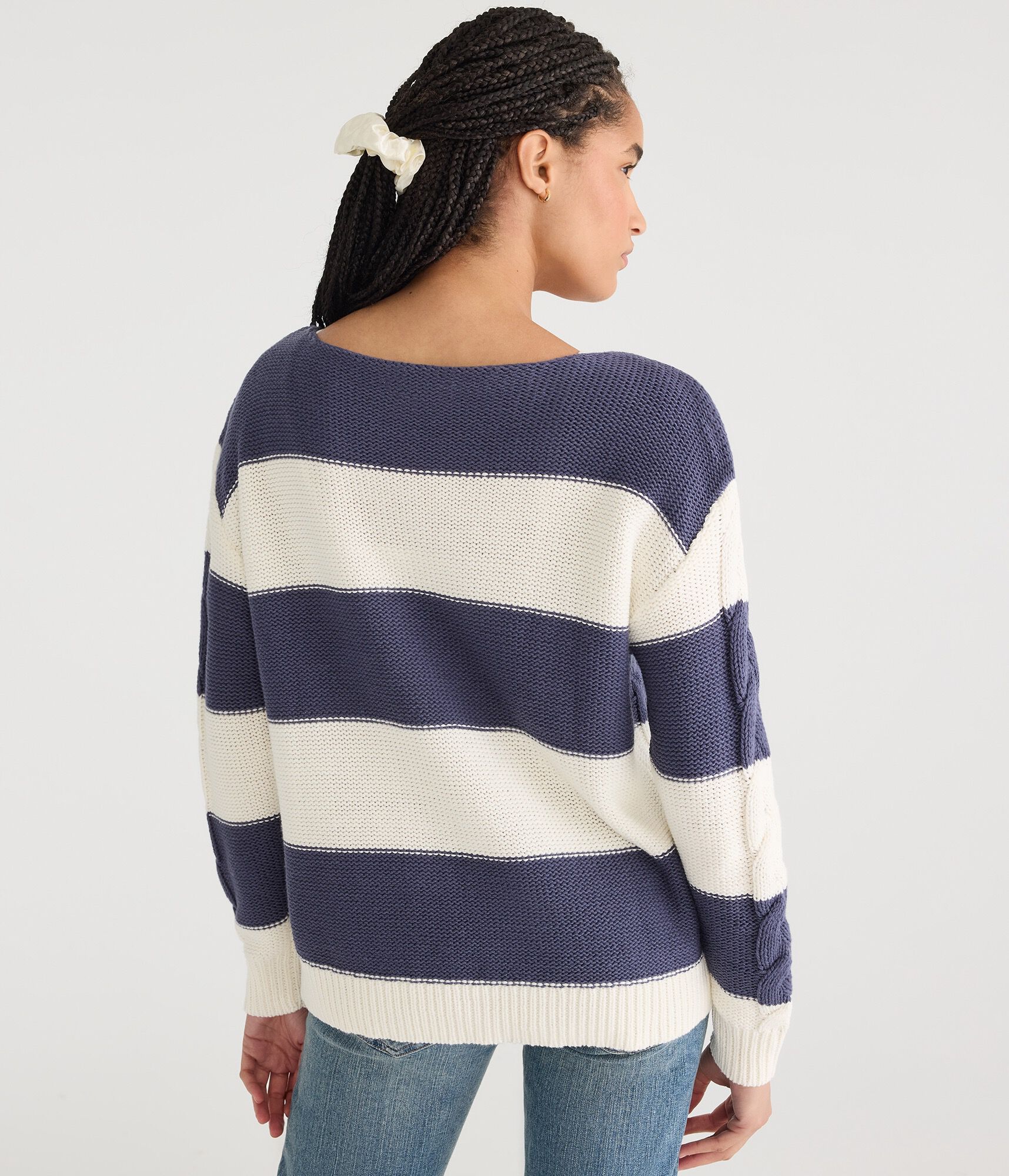 Striped Slouchy Cable V-Neck Sweater