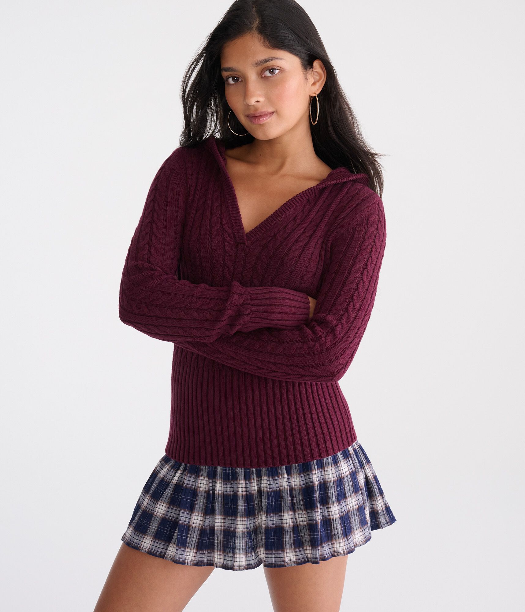 Cable High-Rib Hooded Sweater