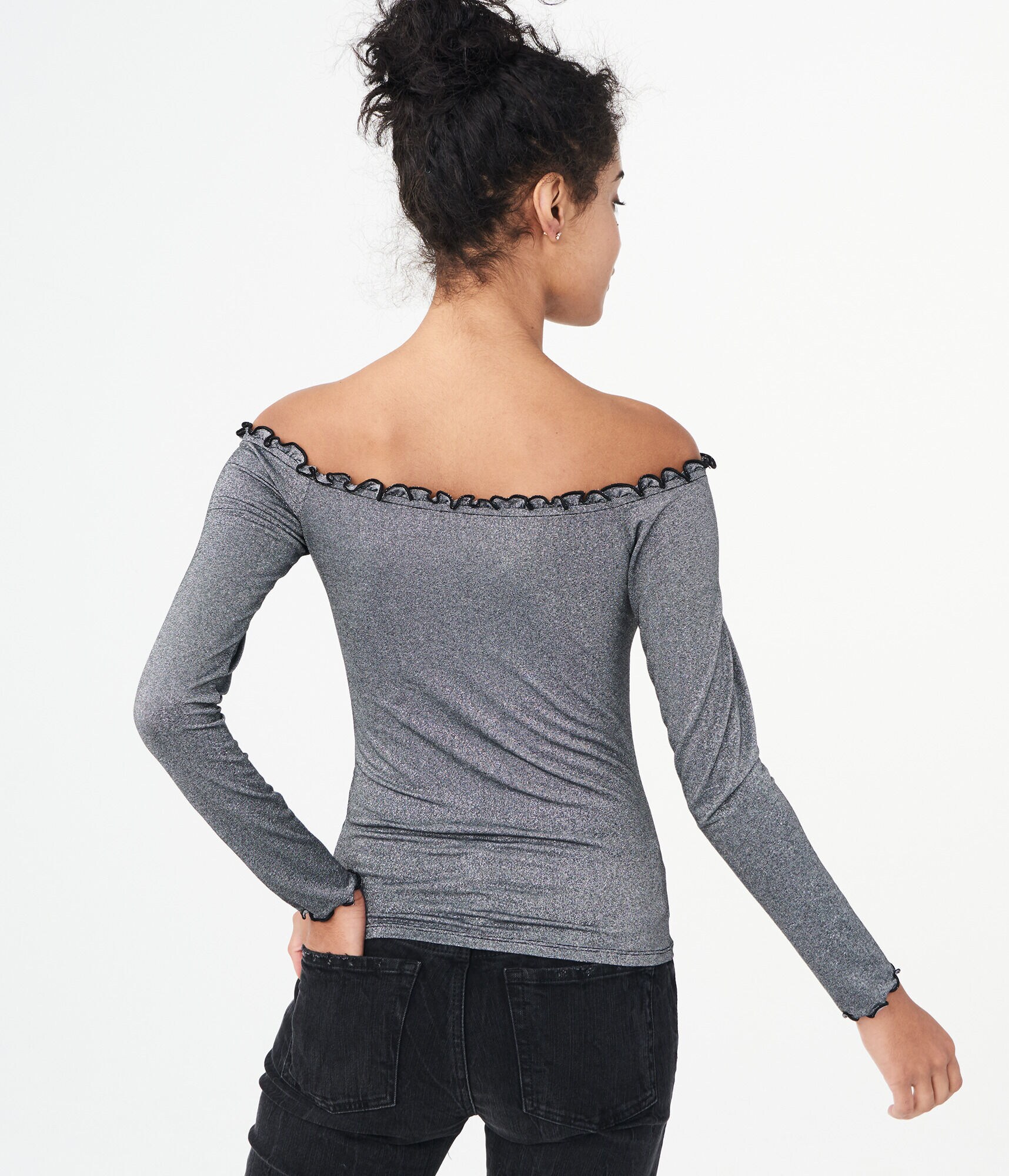 Long Sleeve Sparkle Lettuce-Trim Off-The-Shoulder Top