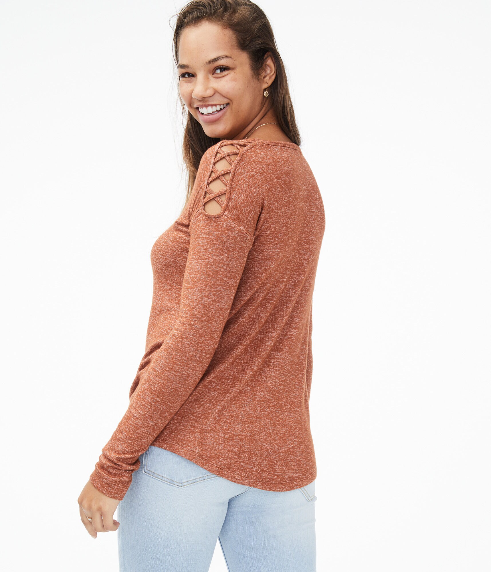 Long Sleeve Lattice Cold-Shoulder Top***