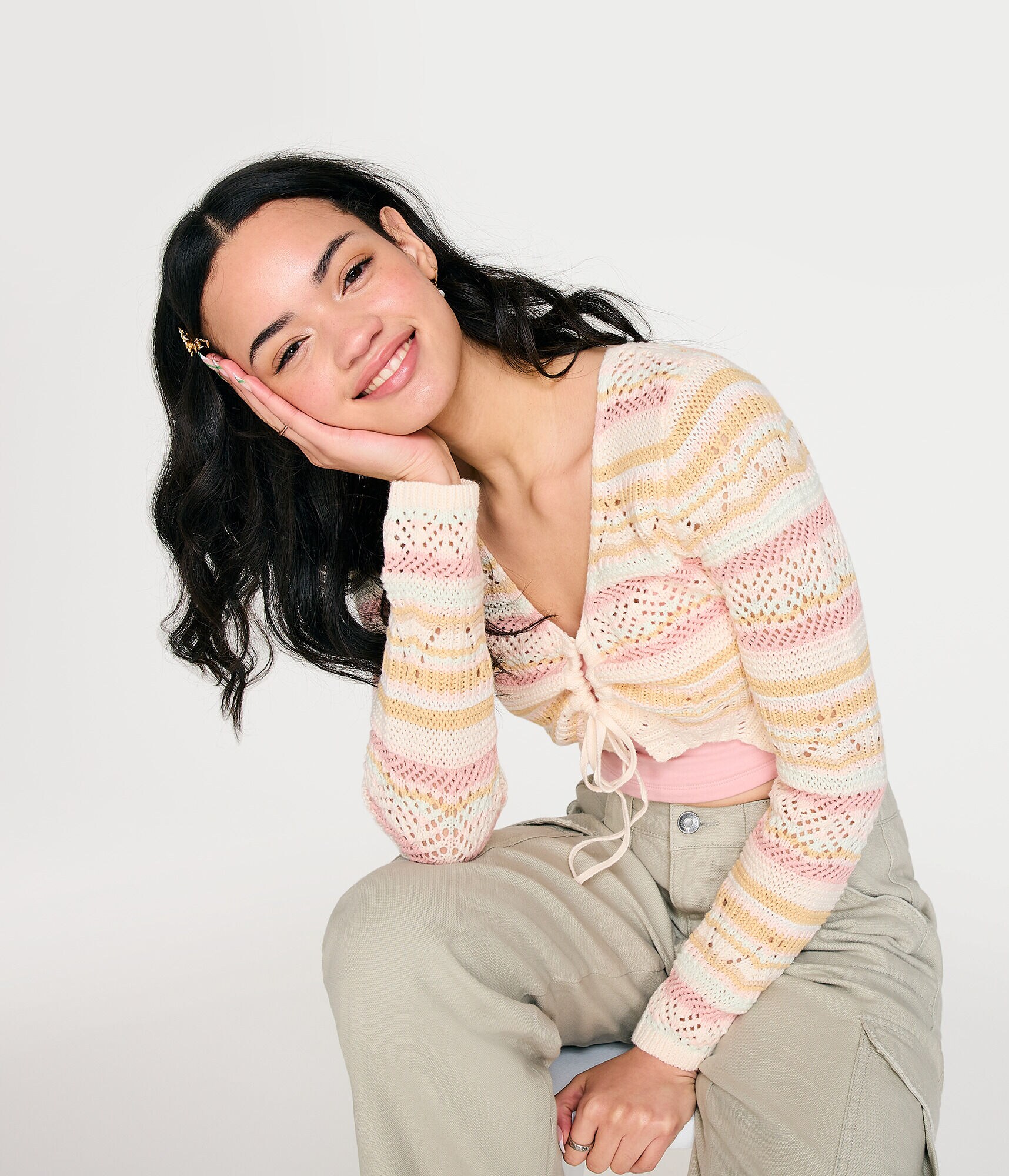 Long Sleeve Striped Keyhole Pointelle Crop Top