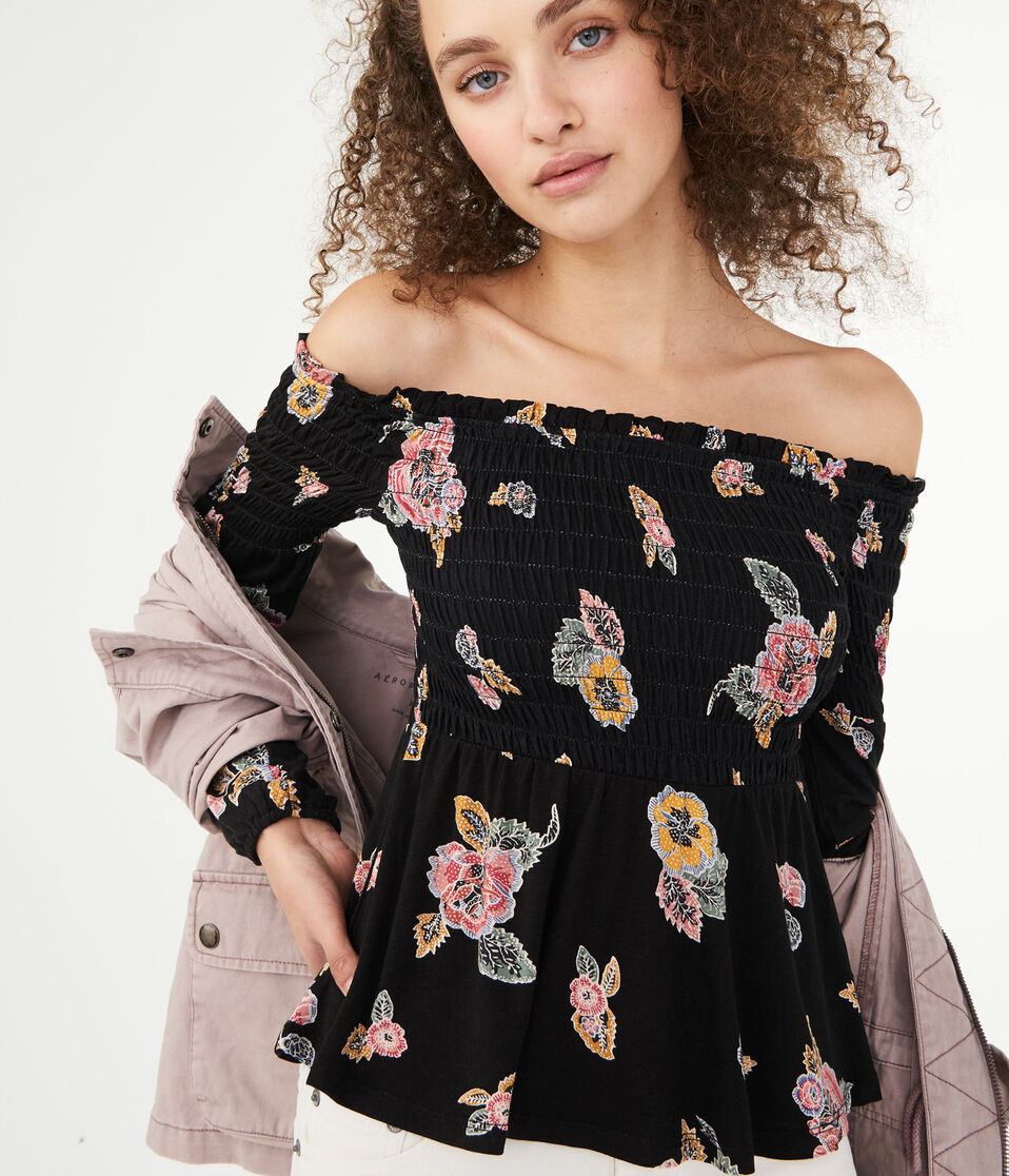 Long Sleeve Floral Smocked Off-The-Shoulder Top