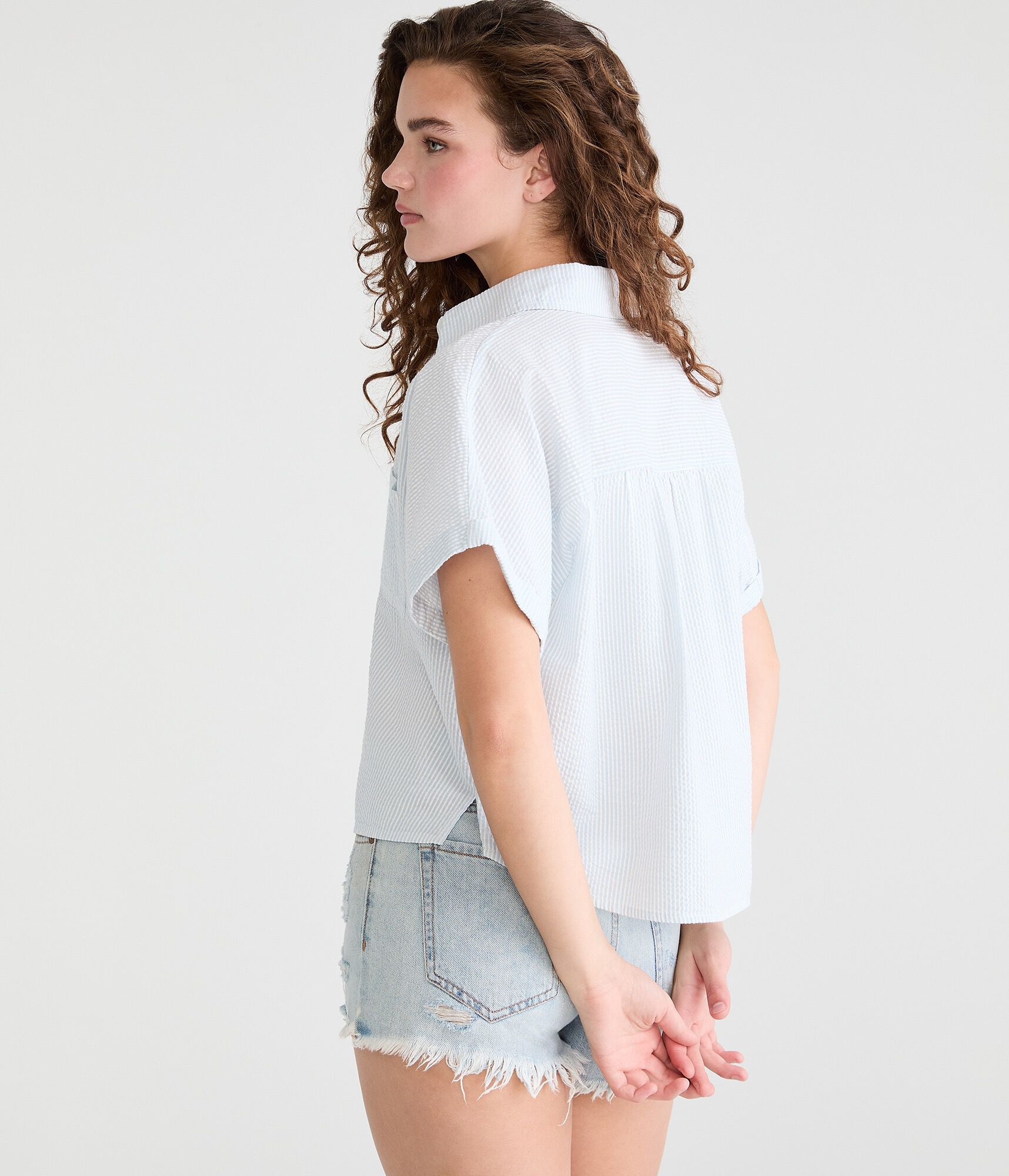 Striped Seersucker Dolman Sleeve Camp Shirt