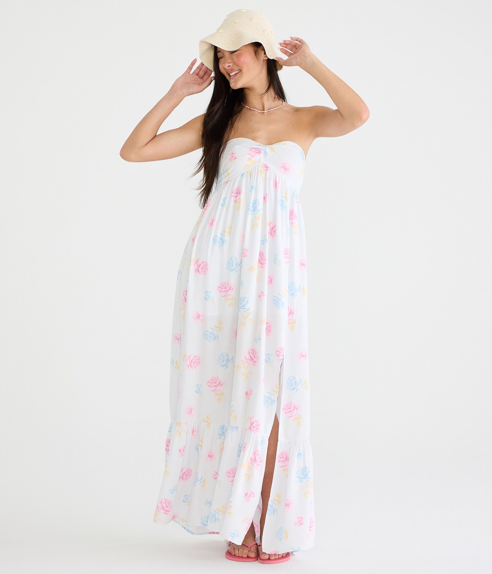 Floral Strapless Twist-Front Maxi Dress