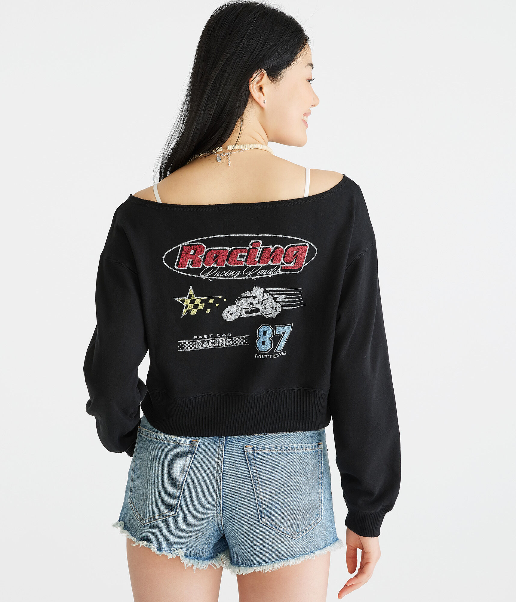 East Coast Racing Cropped Off-The-Shoulder Sweatshirt