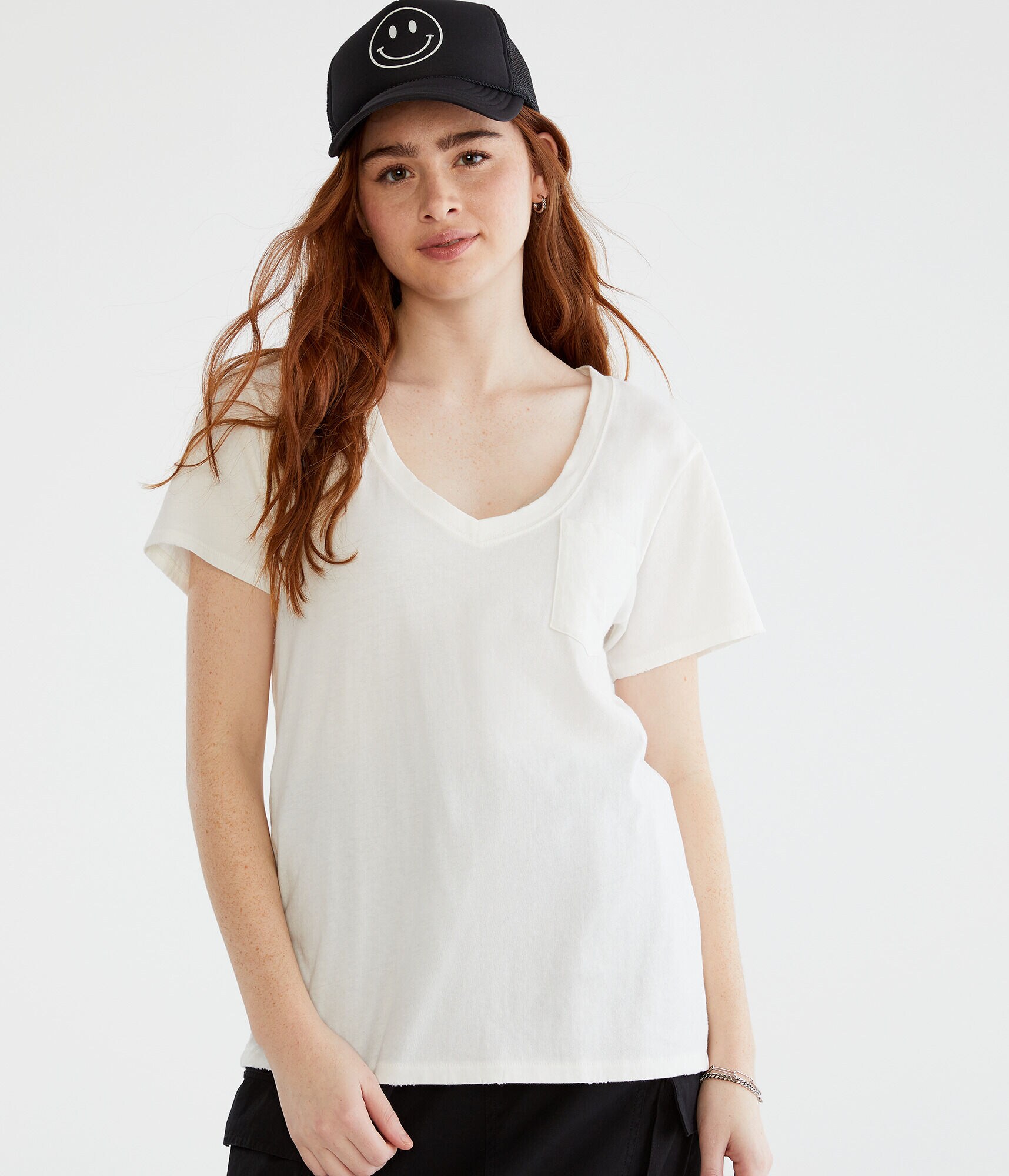 Washed V-Neck Loose Fit Pocket Tee