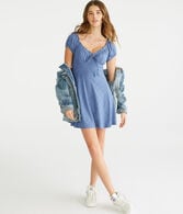 Solid V-Neck Eyelet Bustier Fit & Flare Dress