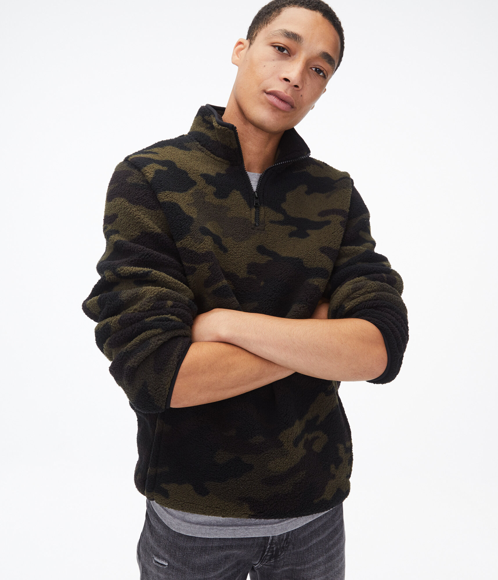 Patterned Sherpa Quarter-Zip Pullover Jacket