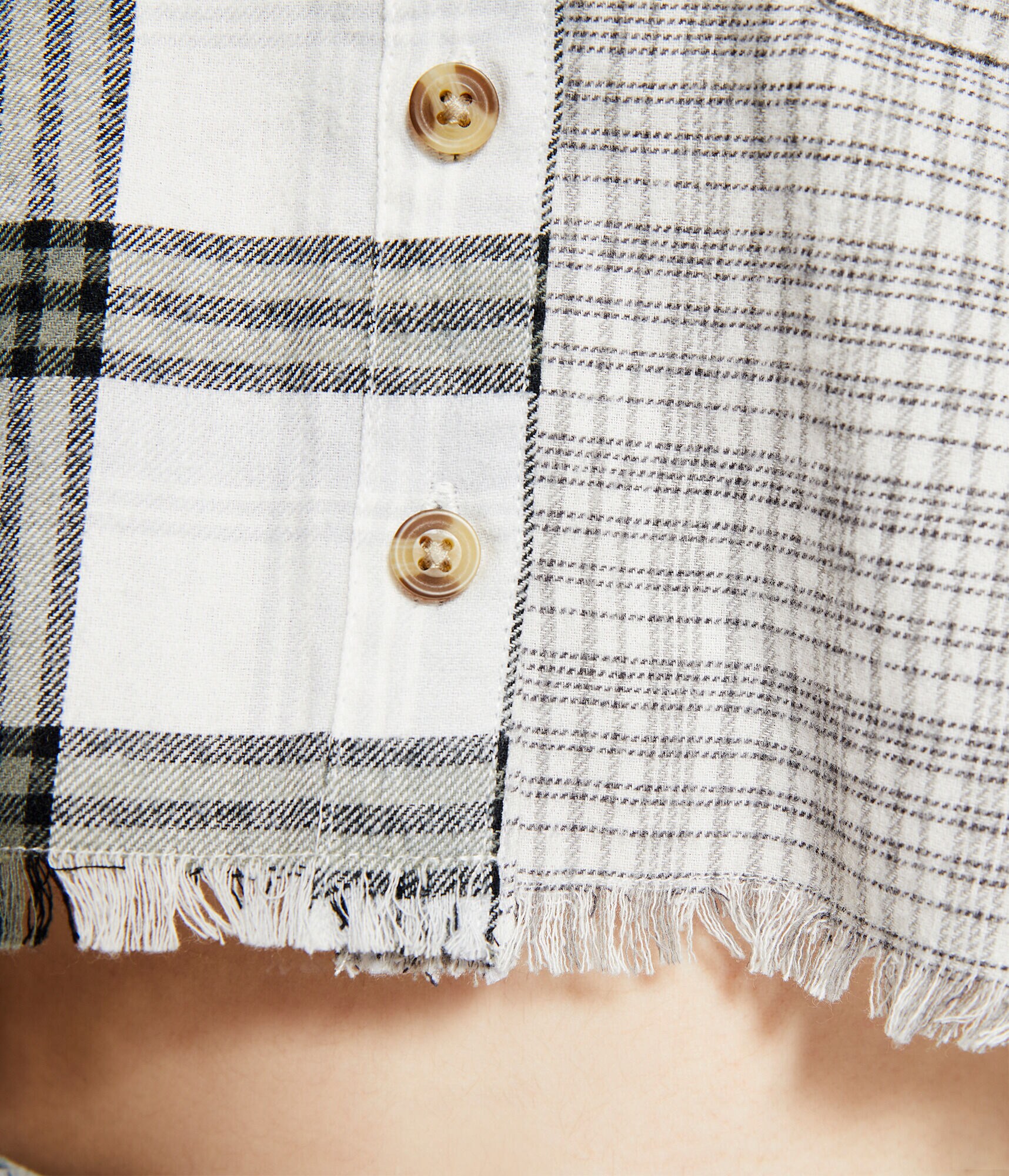 Long Sleeve Spliced Plaid Cropped Flannel Button-Down Shirt