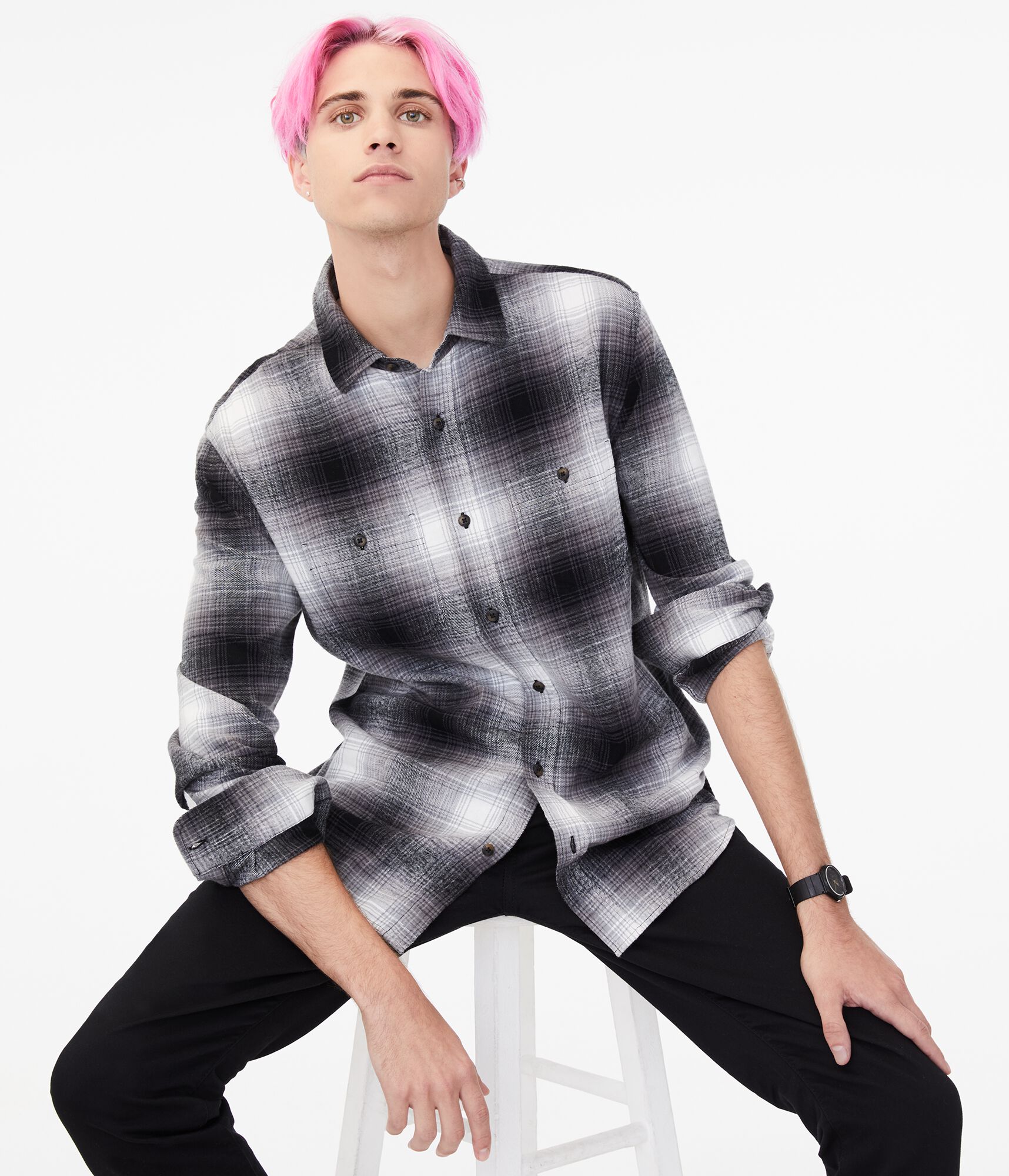 Long Sleeve Blurred Plaid Button-Down Shirt