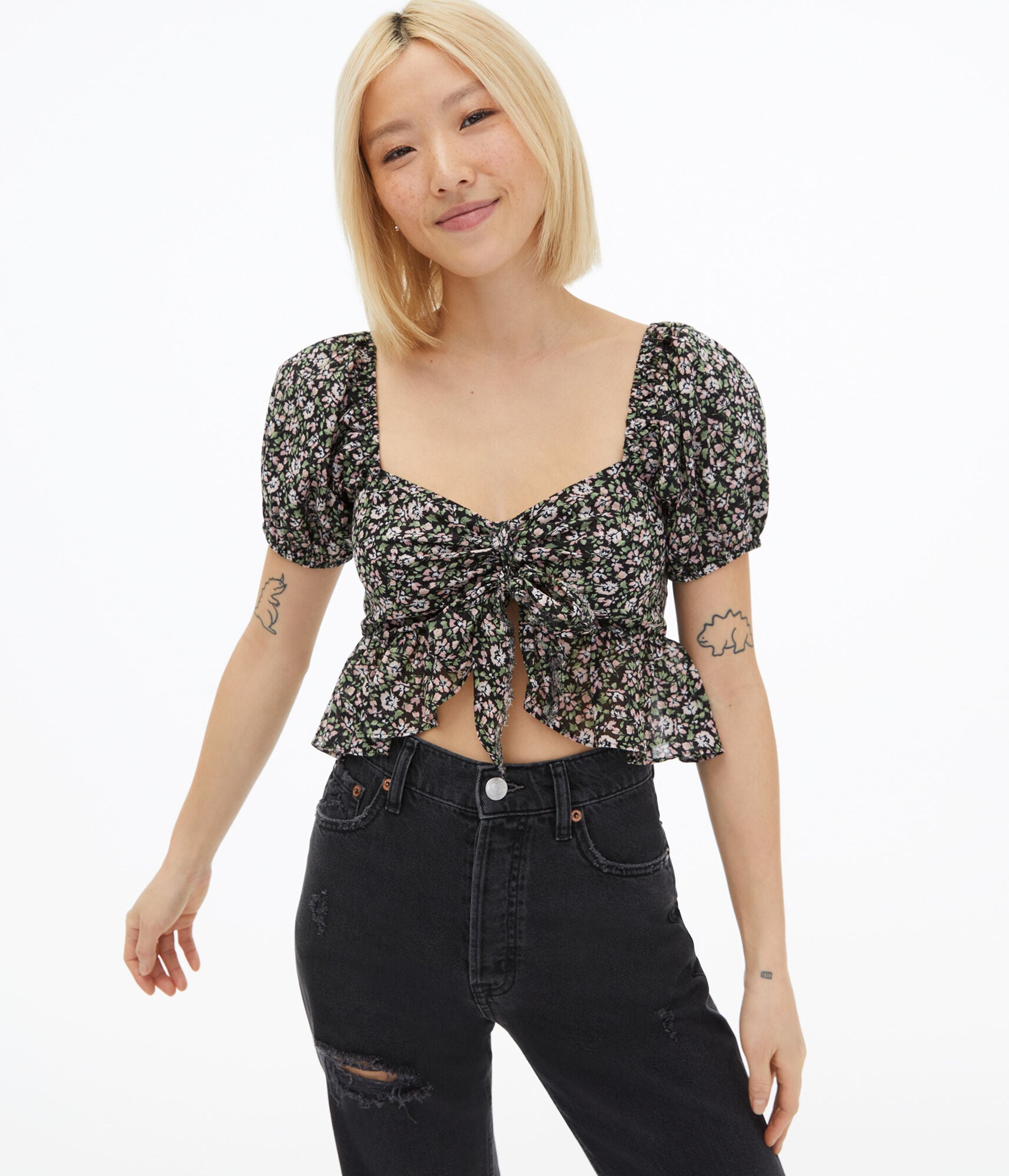Floral Puff Sleeve Crop Top