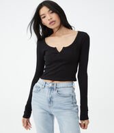 Long Sleeve Notch-Neck Cropped Shrunken Tee