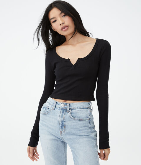 Long Sleeve Notch-Neck Cropped Shrunken Tee Long Sleeve Notch-Neck Cropped Shrunken Tee