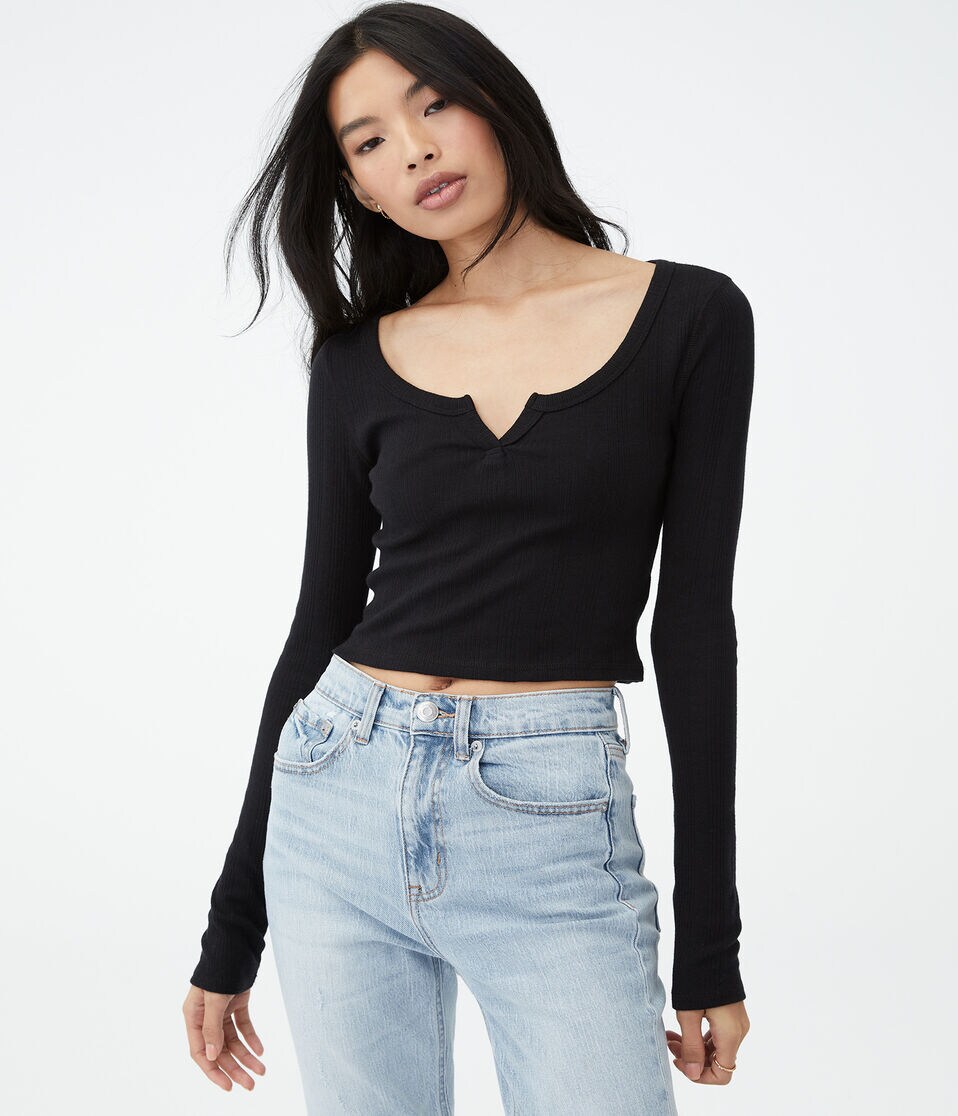 Long Sleeve Notch-Neck Cropped Shrunken Tee
