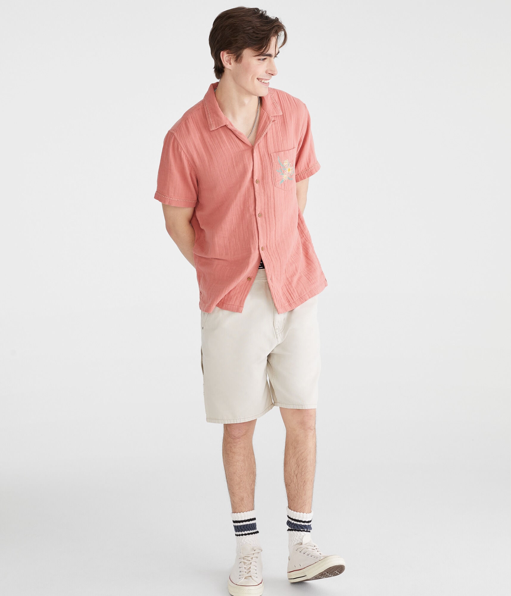 Short Sleeve Stitched Floral Gauze Camp Shirt