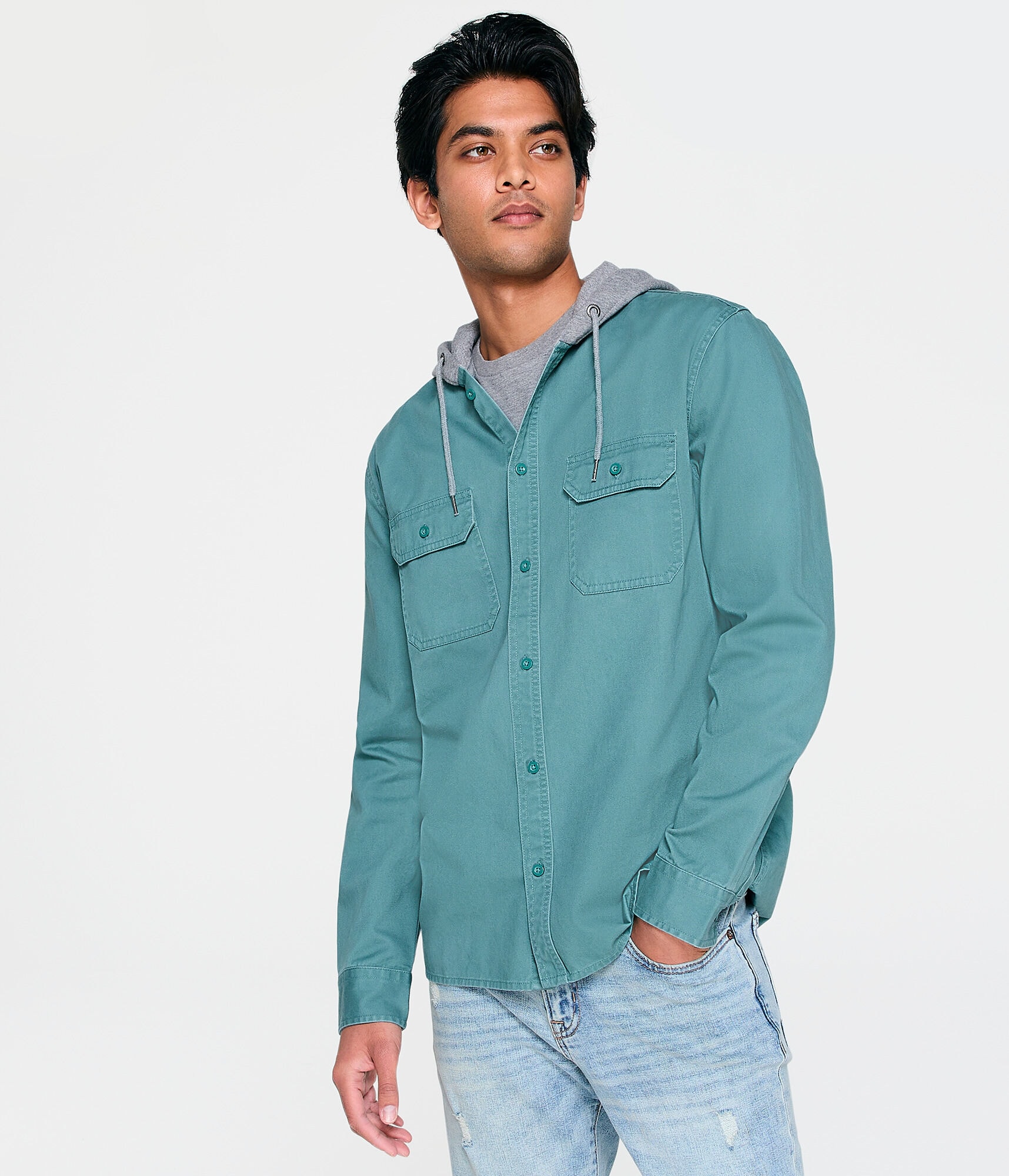 Long Sleeve Hooded Twill Button-Down Shirt