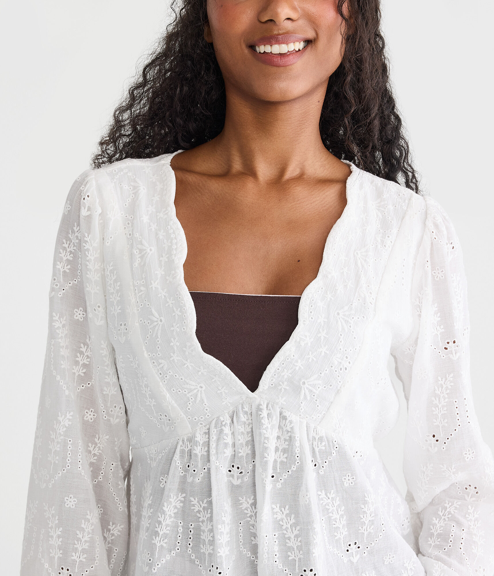 Long Sleeve Eyelet V-Neck Babydoll Blouse
