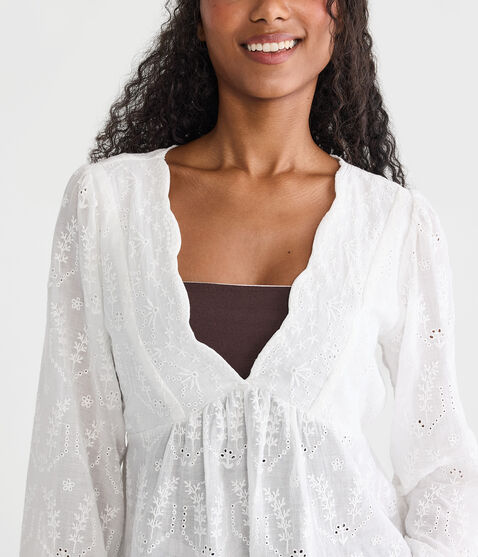 Long Sleeve Eyelet V-Neck Babydoll Blouse