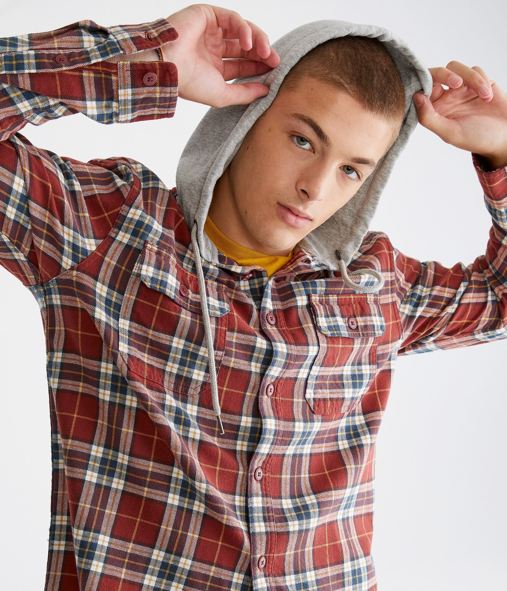 Long Sleeve Plaid Hooded Flannel Shirt