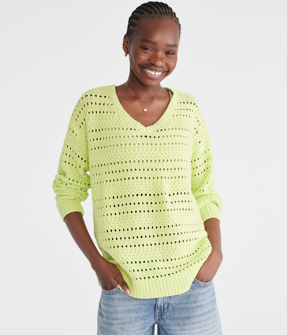 Solid Open-Knit V-Neck Sweater