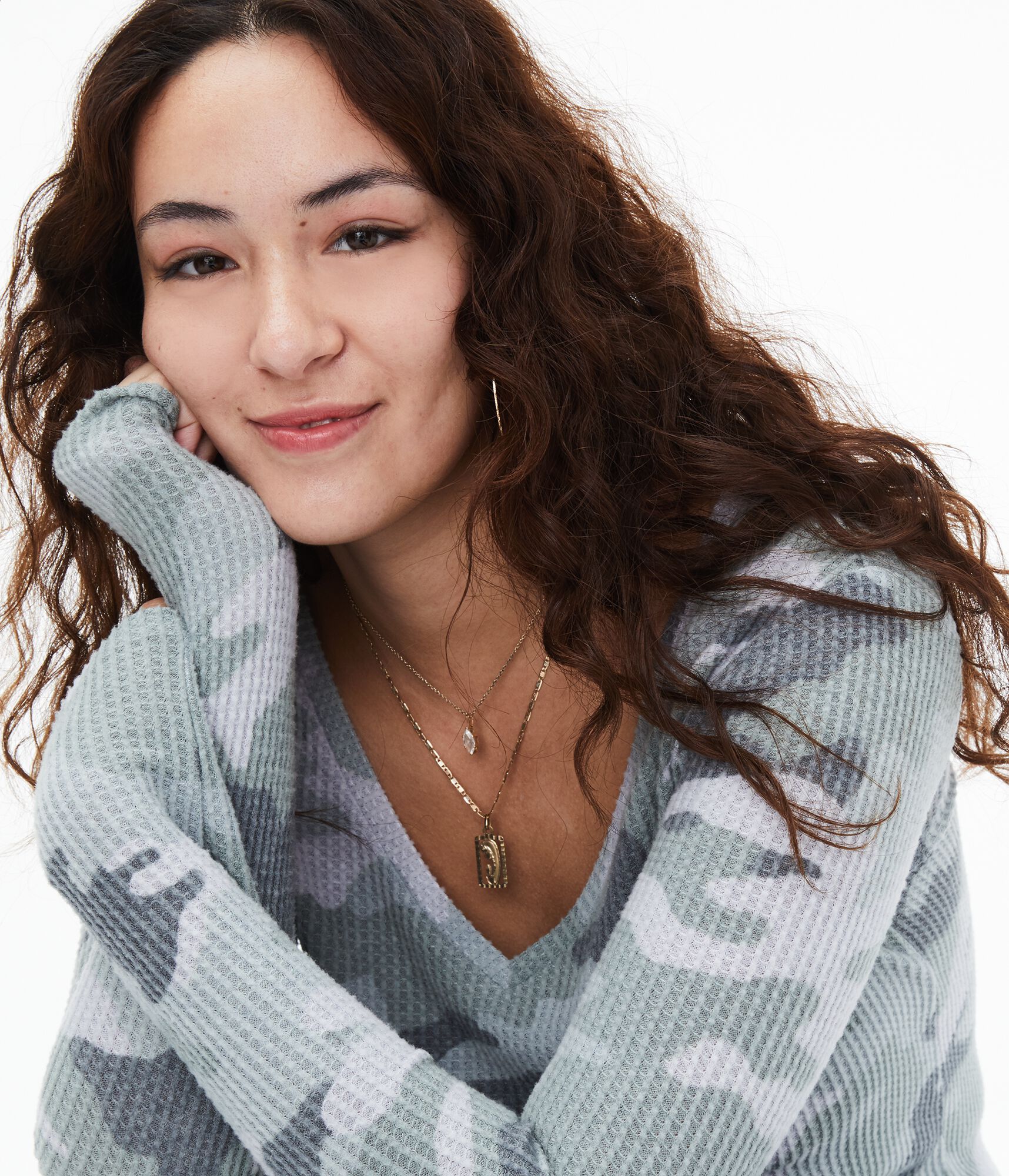 Long Sleeve Camo Waffle-Knit V-Neck Tee