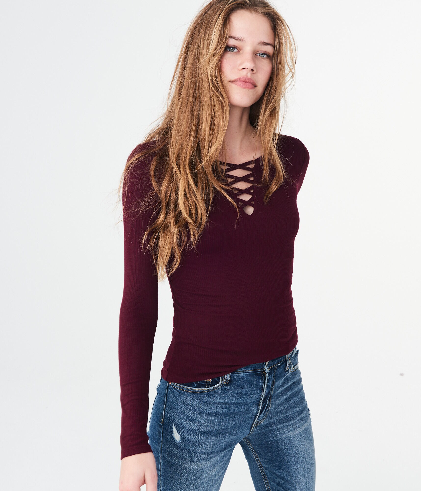 Long Sleeve Solid Lace-Up Ribbed Tee
