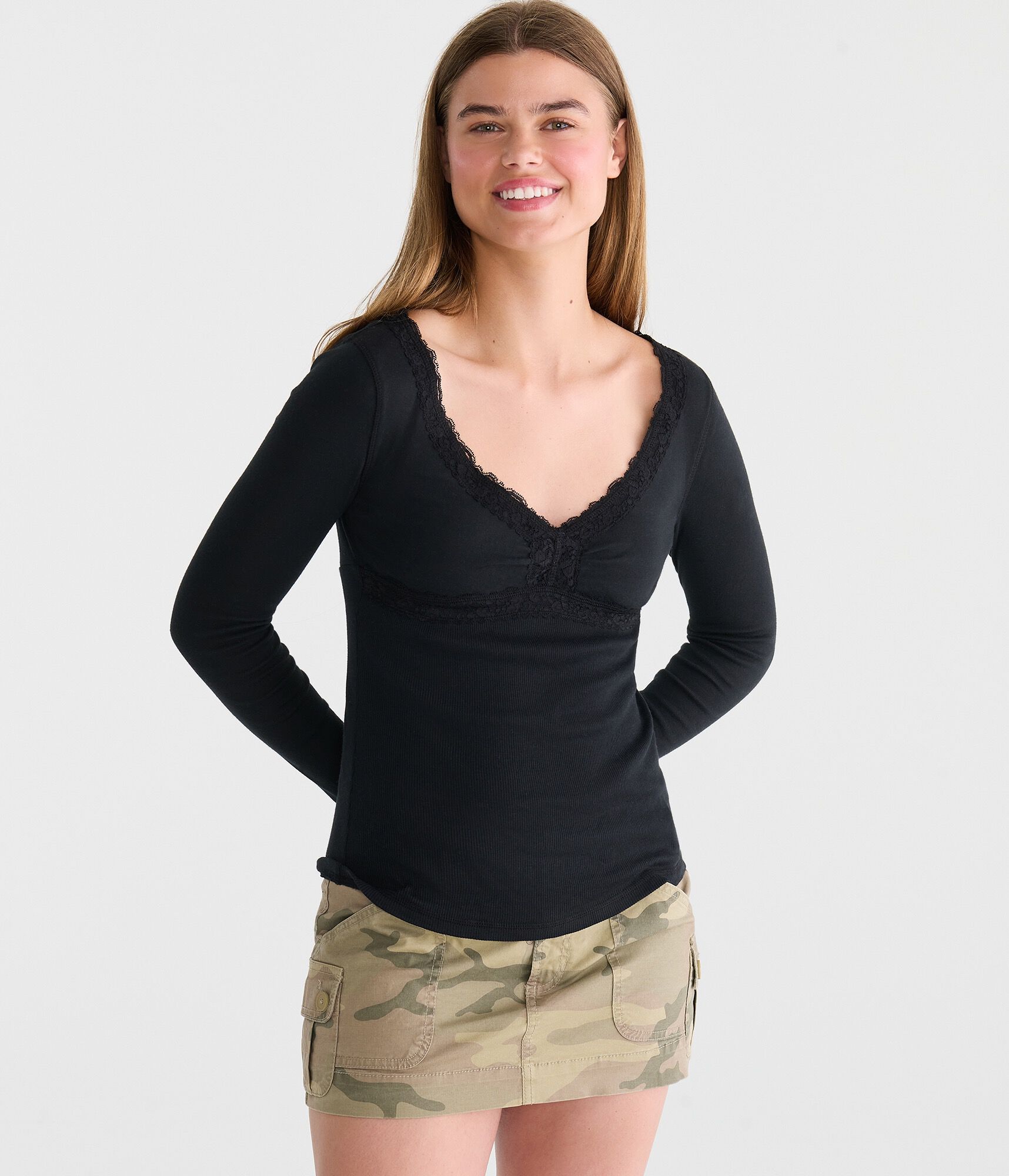 Long Sleeve Seriously Soft Y2K Lace V-Neck Tee