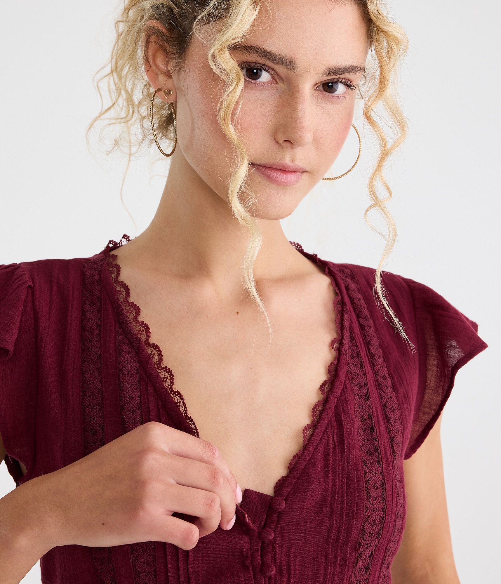 Lace &amp; Pintuck V-Neck Tie-Back Blouse