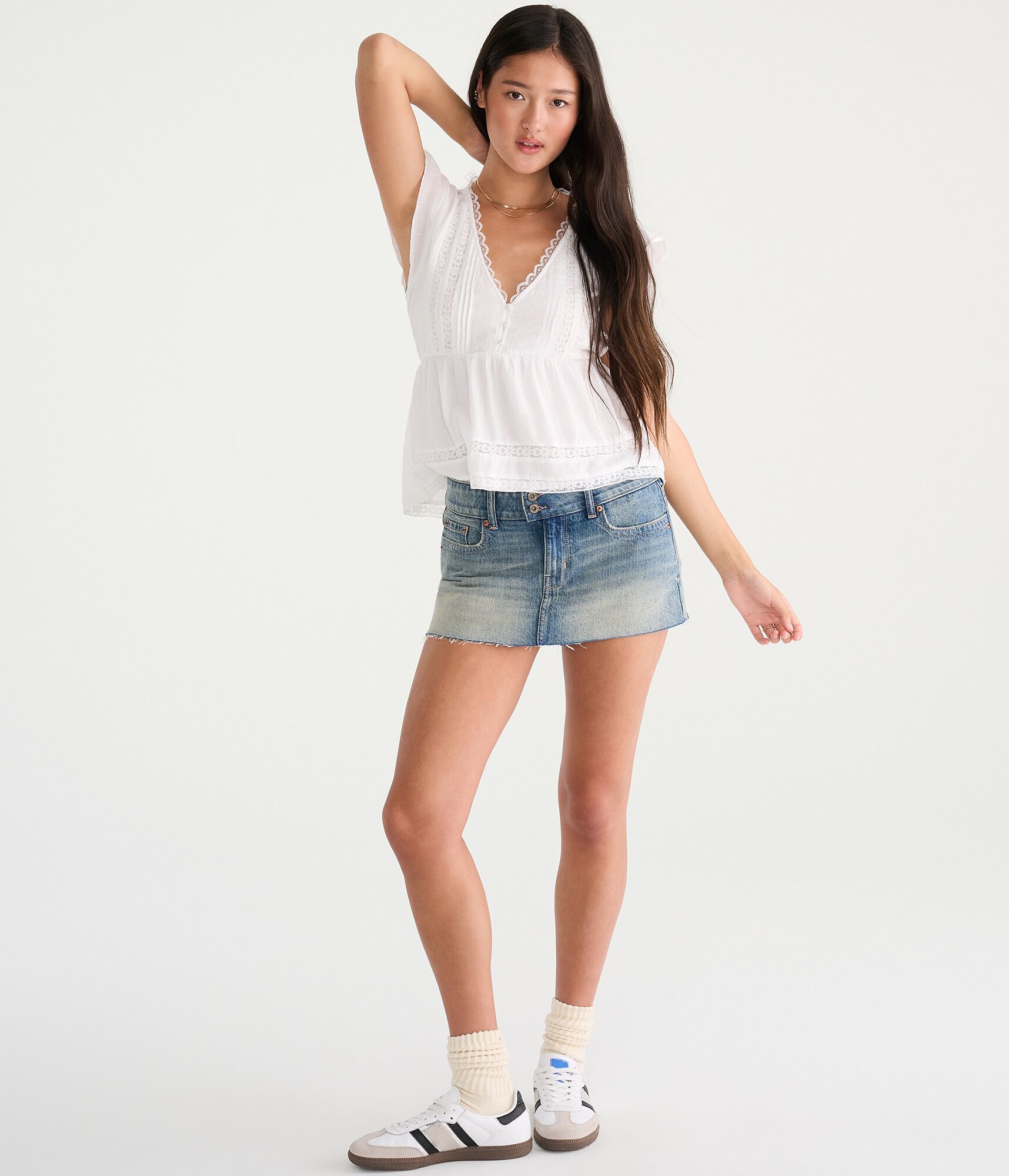 Lace &amp; Pintuck V-Neck Tie-Back Blouse