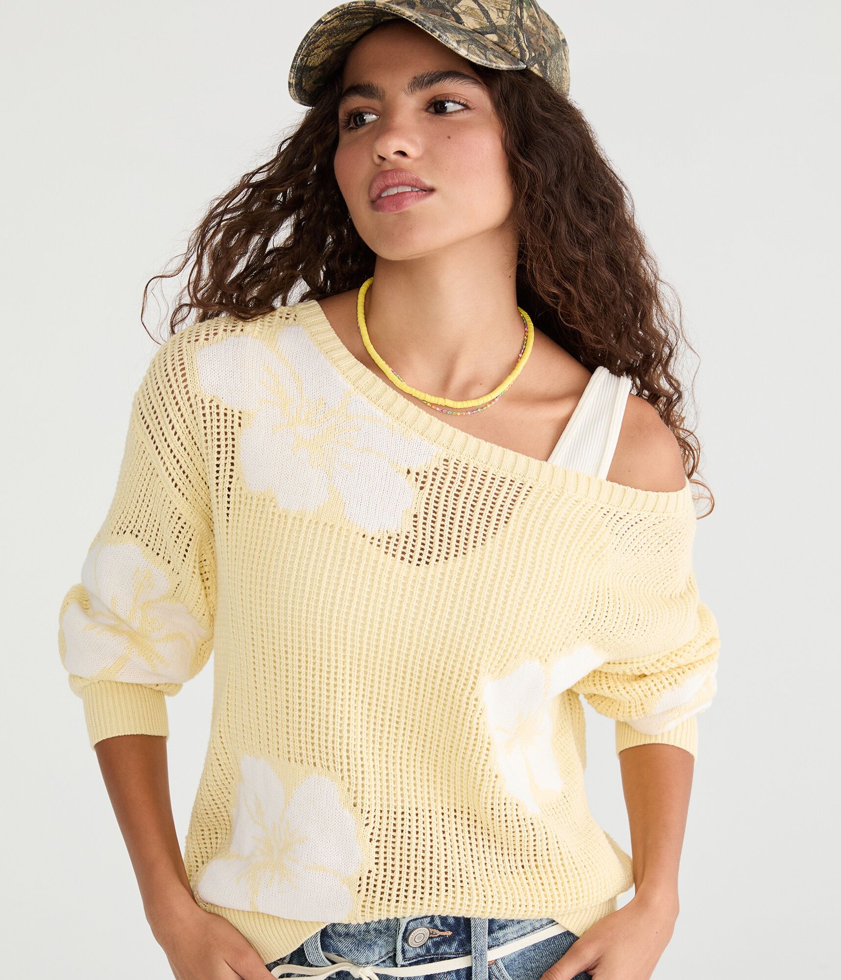 Hibiscus Slouchy Open-Knit Boat-Neck Sweater