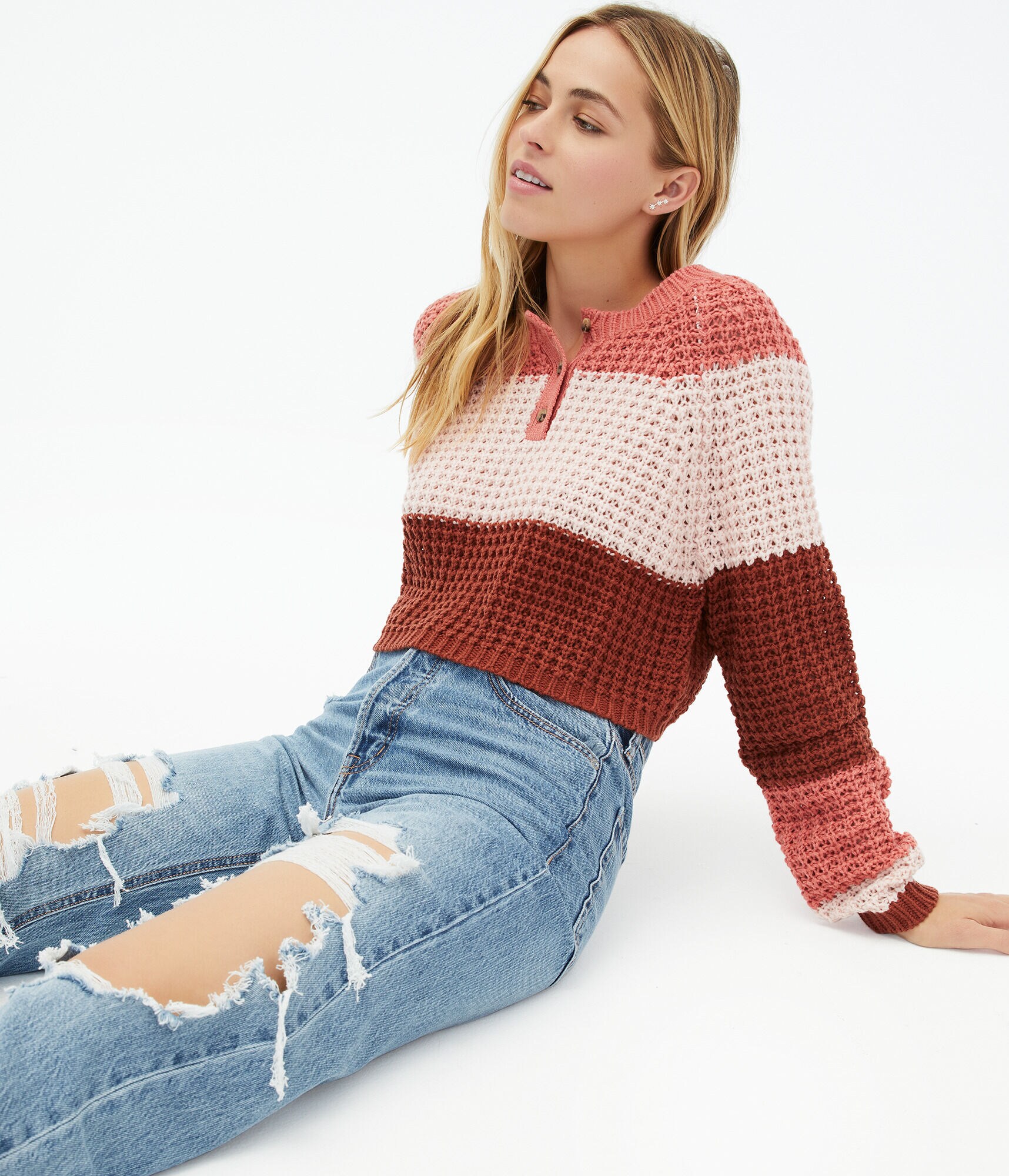 Colorblock Stripe Henley Sweater