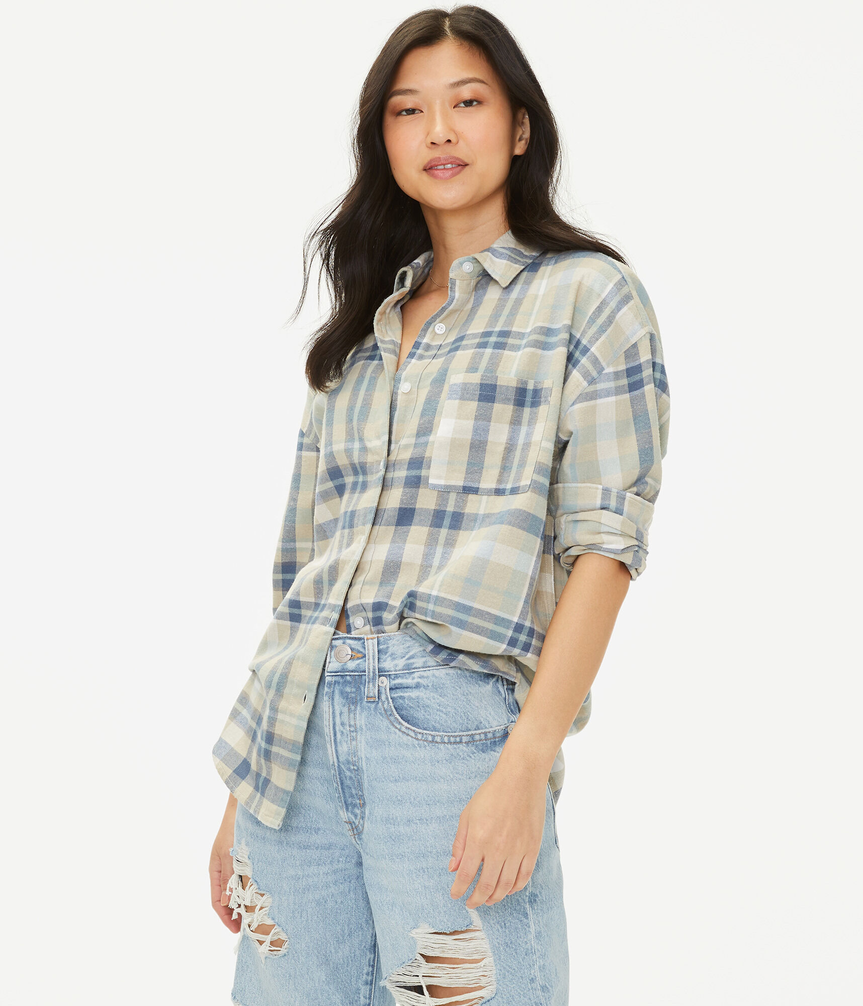 Long Sleeve Plaid Flannel Oversized Button-Down Shirt