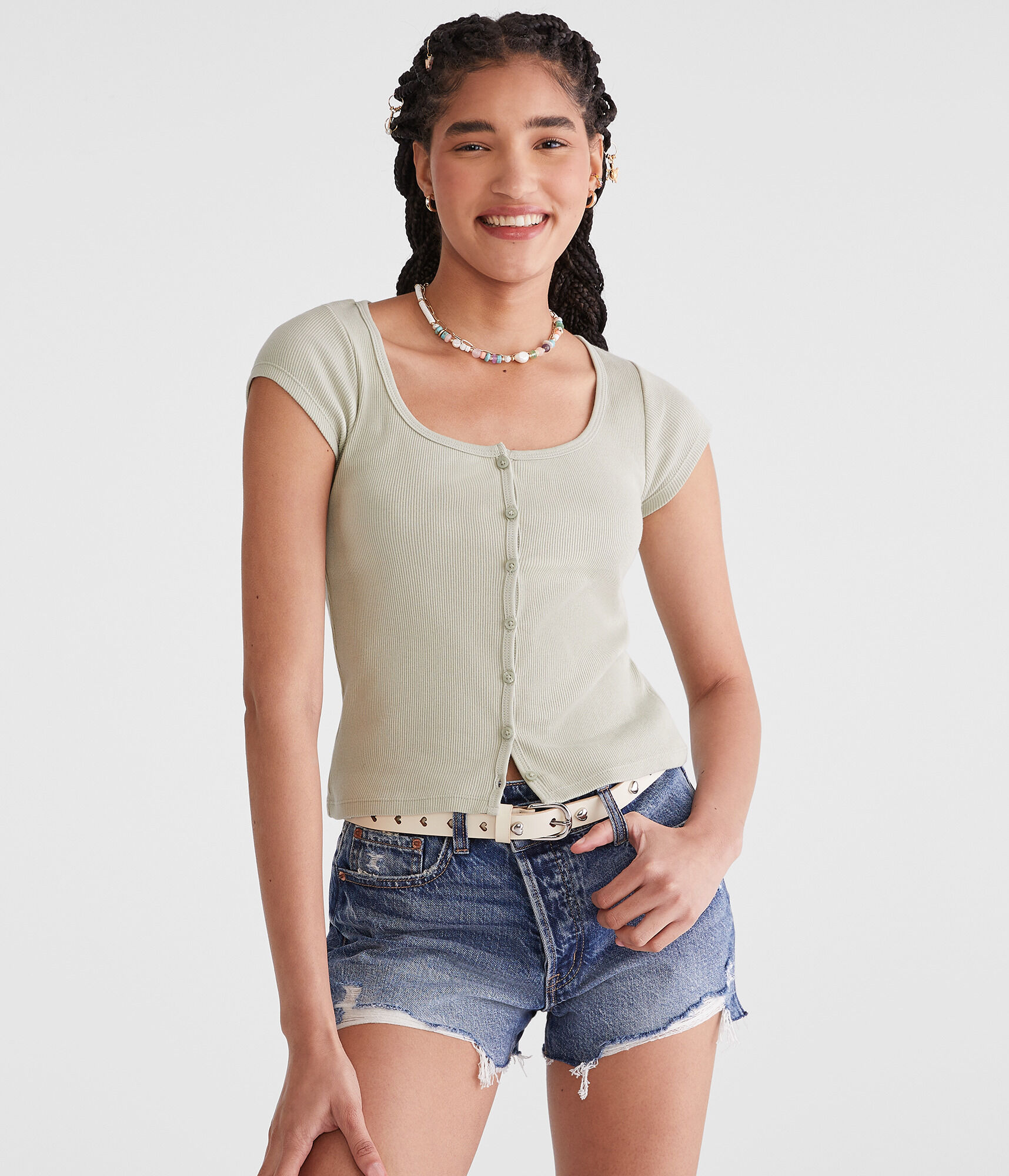 Seriously Soft Scoop-Neck Button-Front Tee