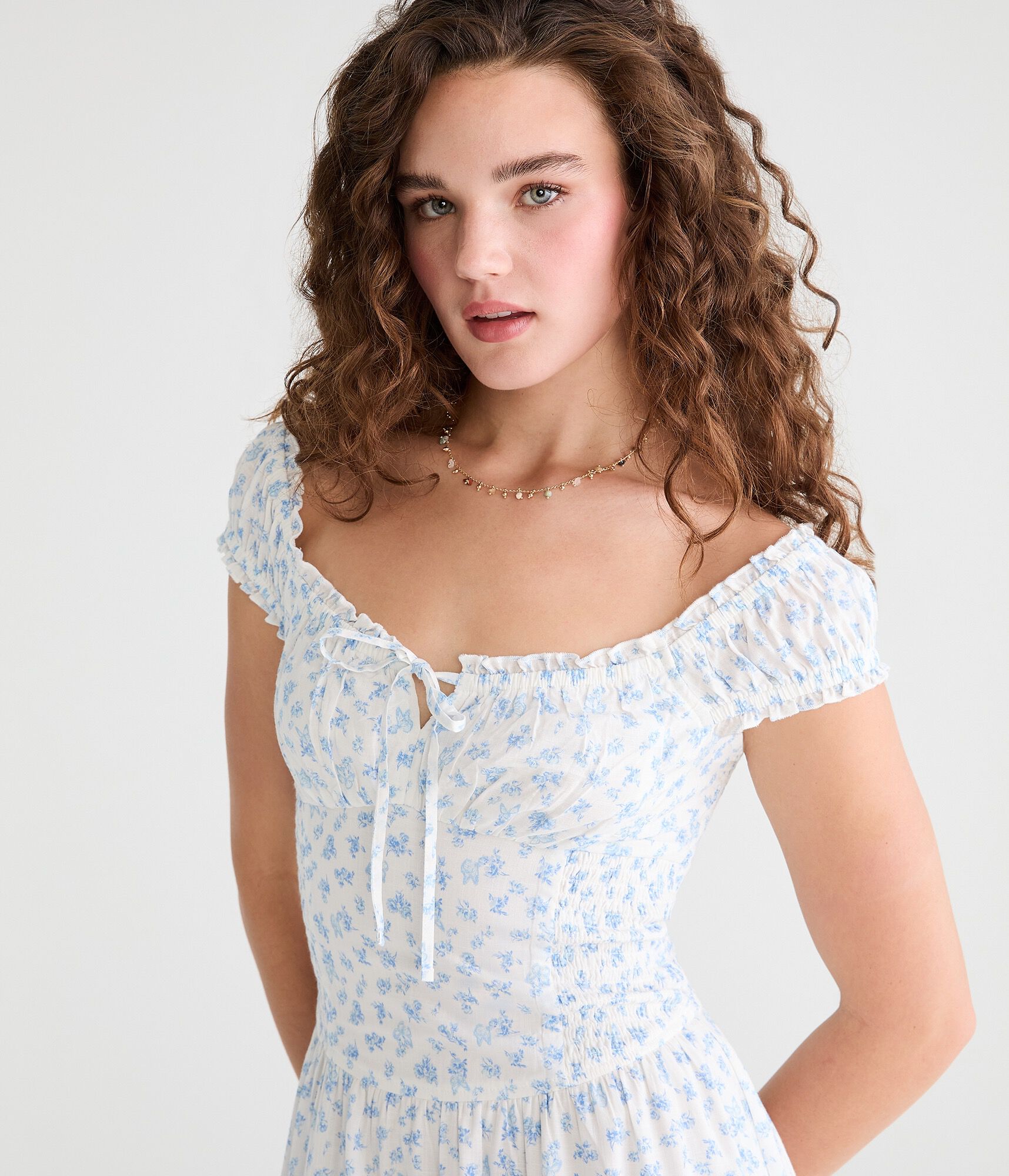 Floral Square-Neck Tiered Midi Dress