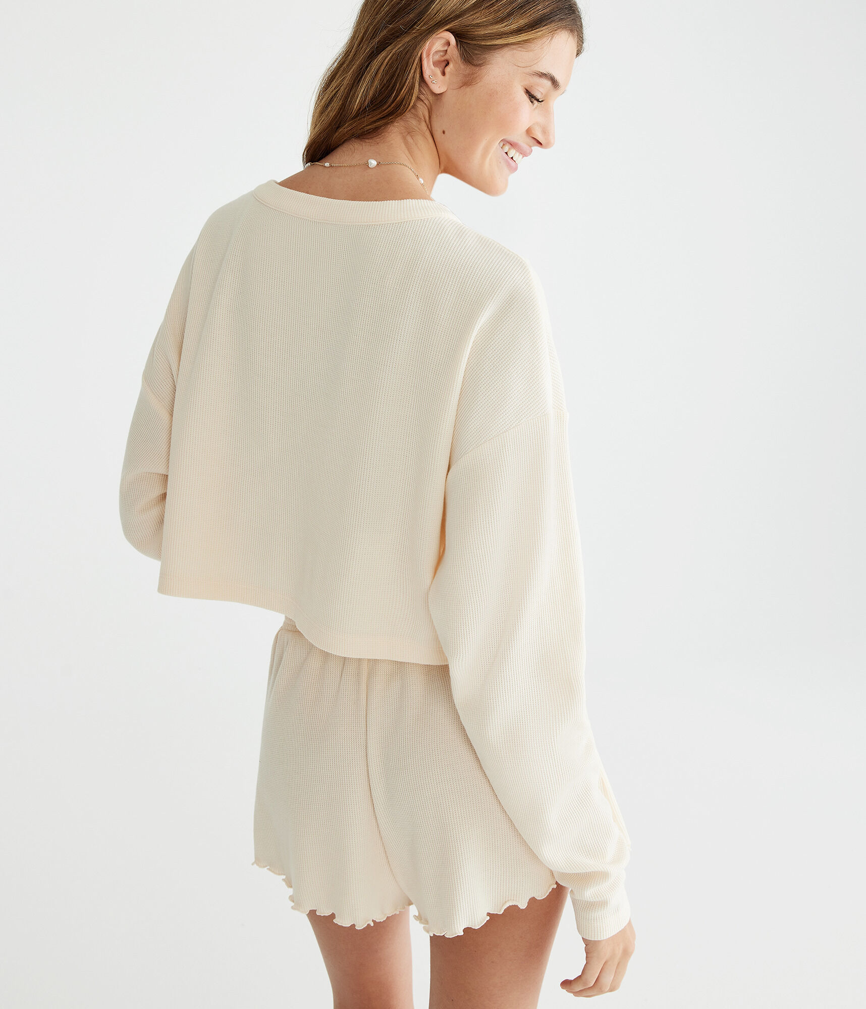 Waffle-Knit Cropped Sleep Cardigan