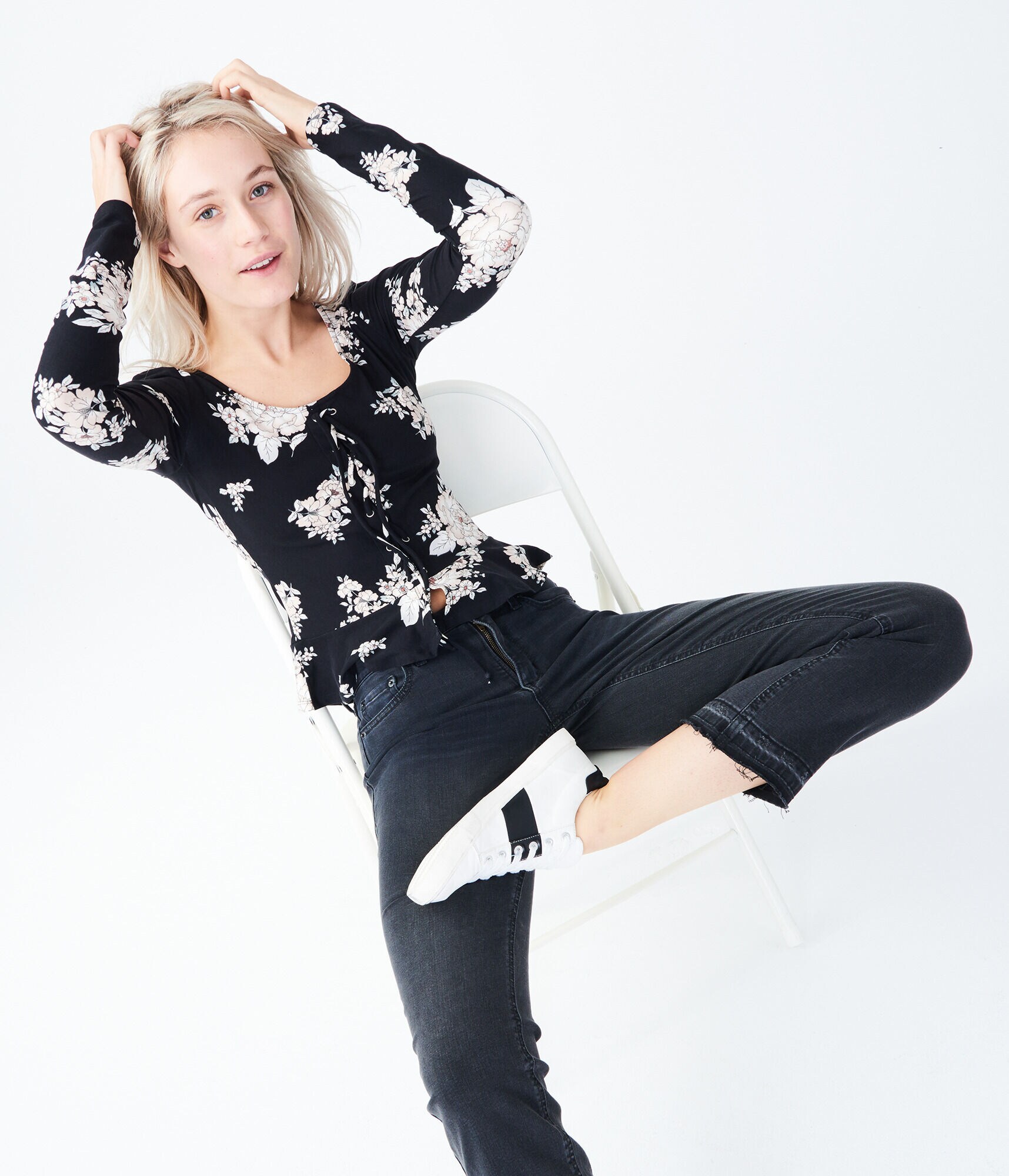 Long Sleeve Floral Lace-Up Peplum Top