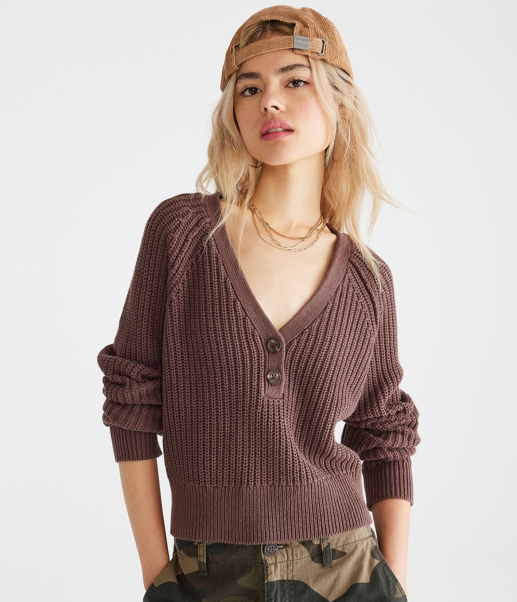 Ribbed Cropped V-Neck Henley Sweater