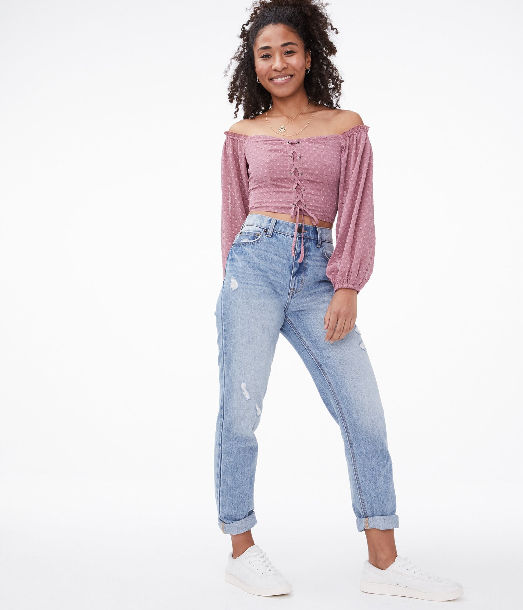 Dotted Lace-Up Off-The-Shoulder Crop Top