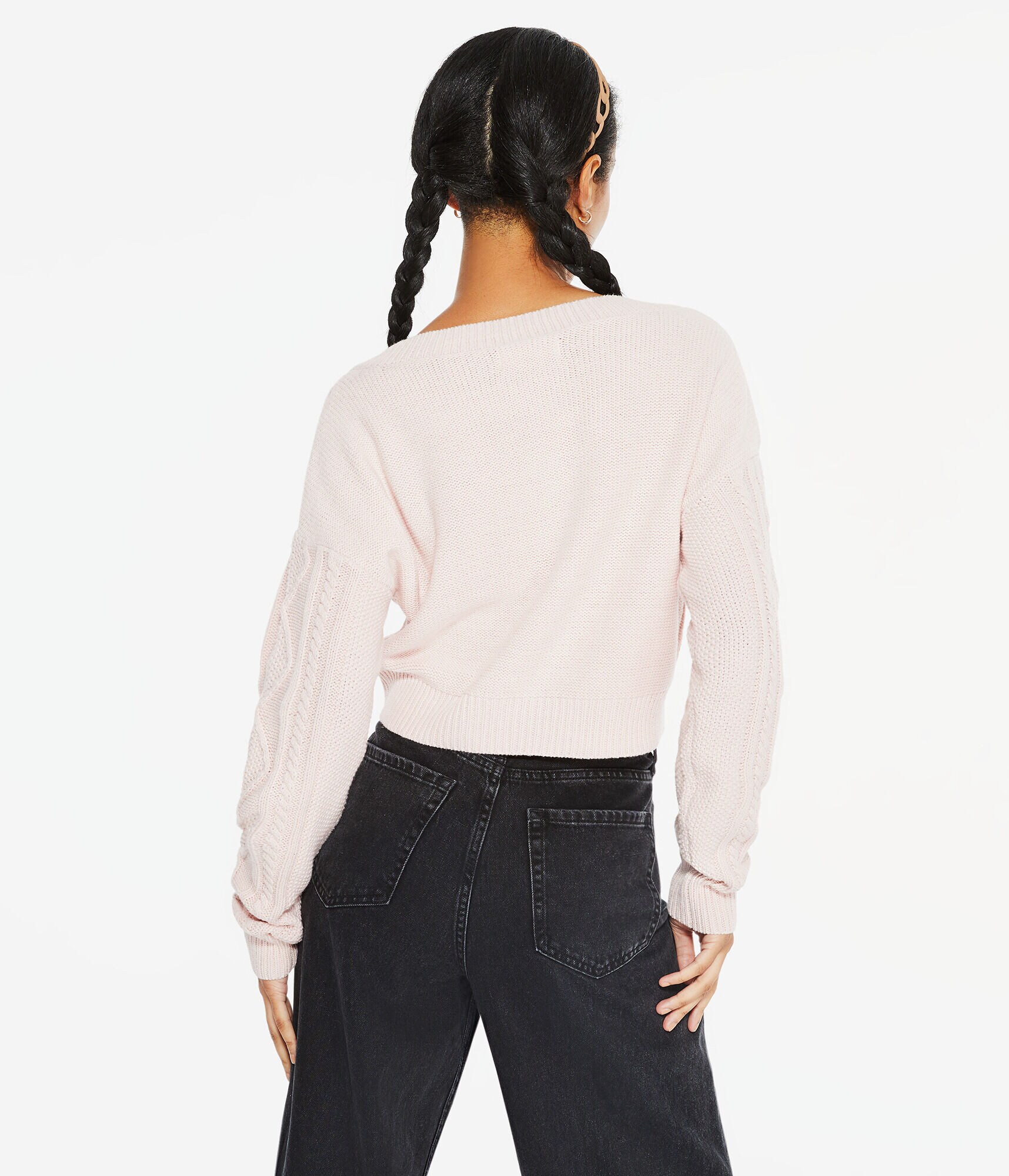Cable-Knit Cropped V-Neck Sweater
